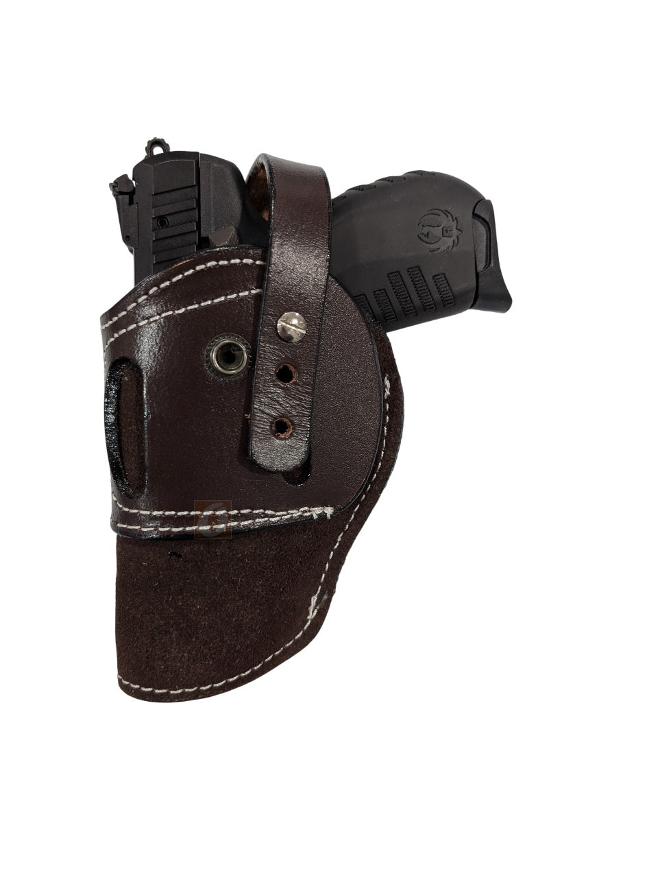SR 22LR suede leather holster brown color back view