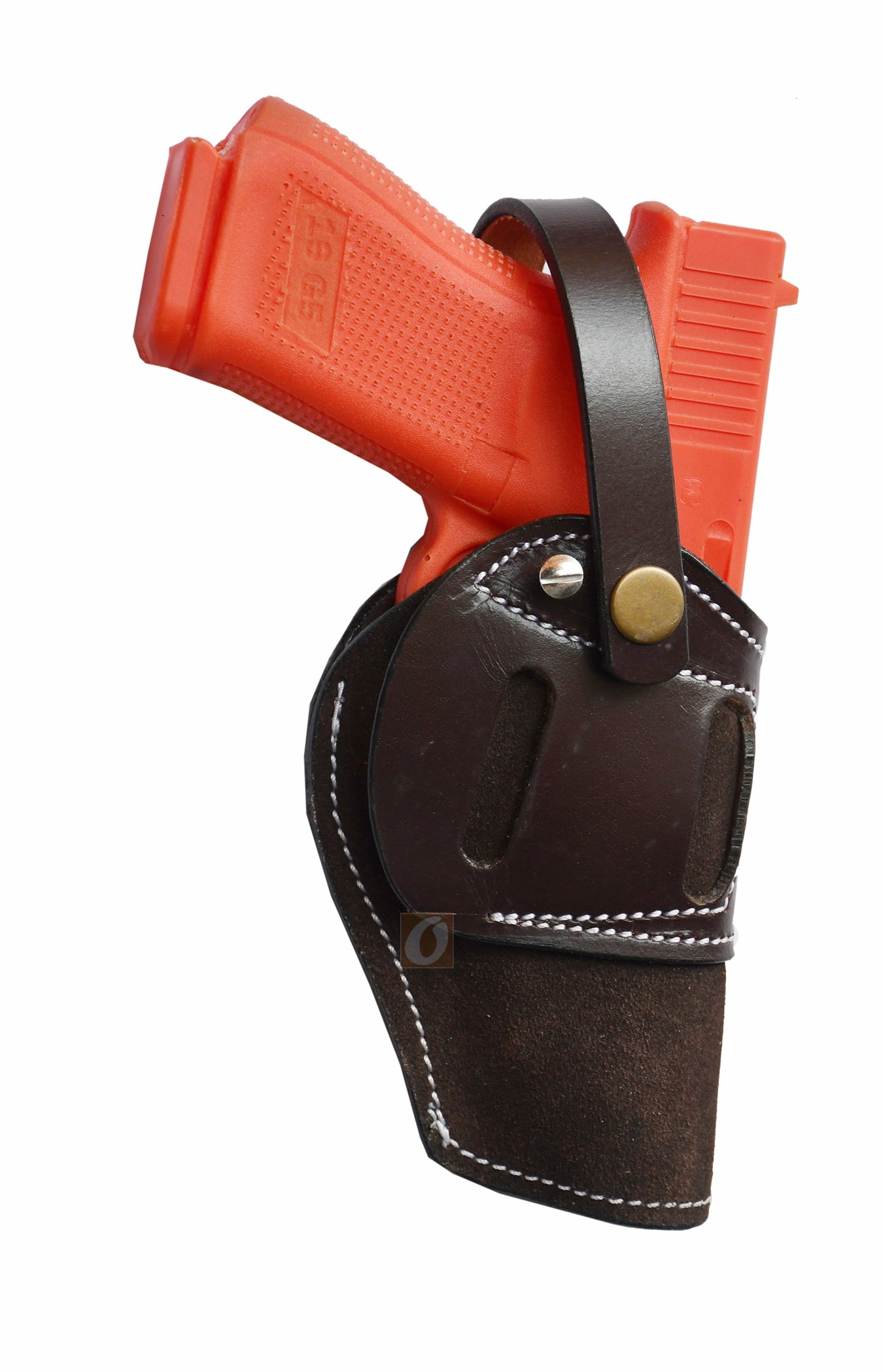 Concealed carry gun holster – premium brown suede leather, ambidextrous design, fits Glock 17, Glock 19, S&W, and Ruger. High-quality leather holster for secure firearm storage.