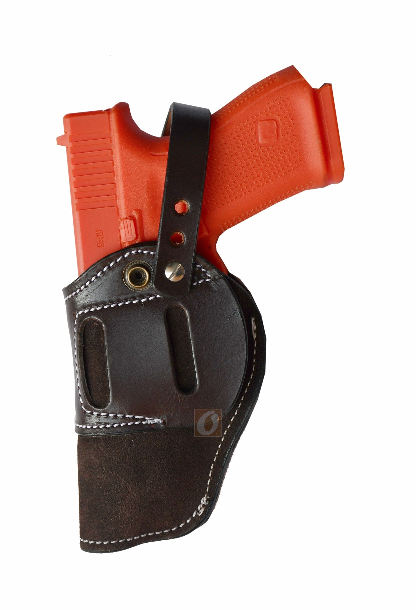 Versatile brown leather holster – ambidextrous soft suede design for Glock 17, Glock 19, S&W, and Ruger. A perfect concealed carry holster with a snug fit.