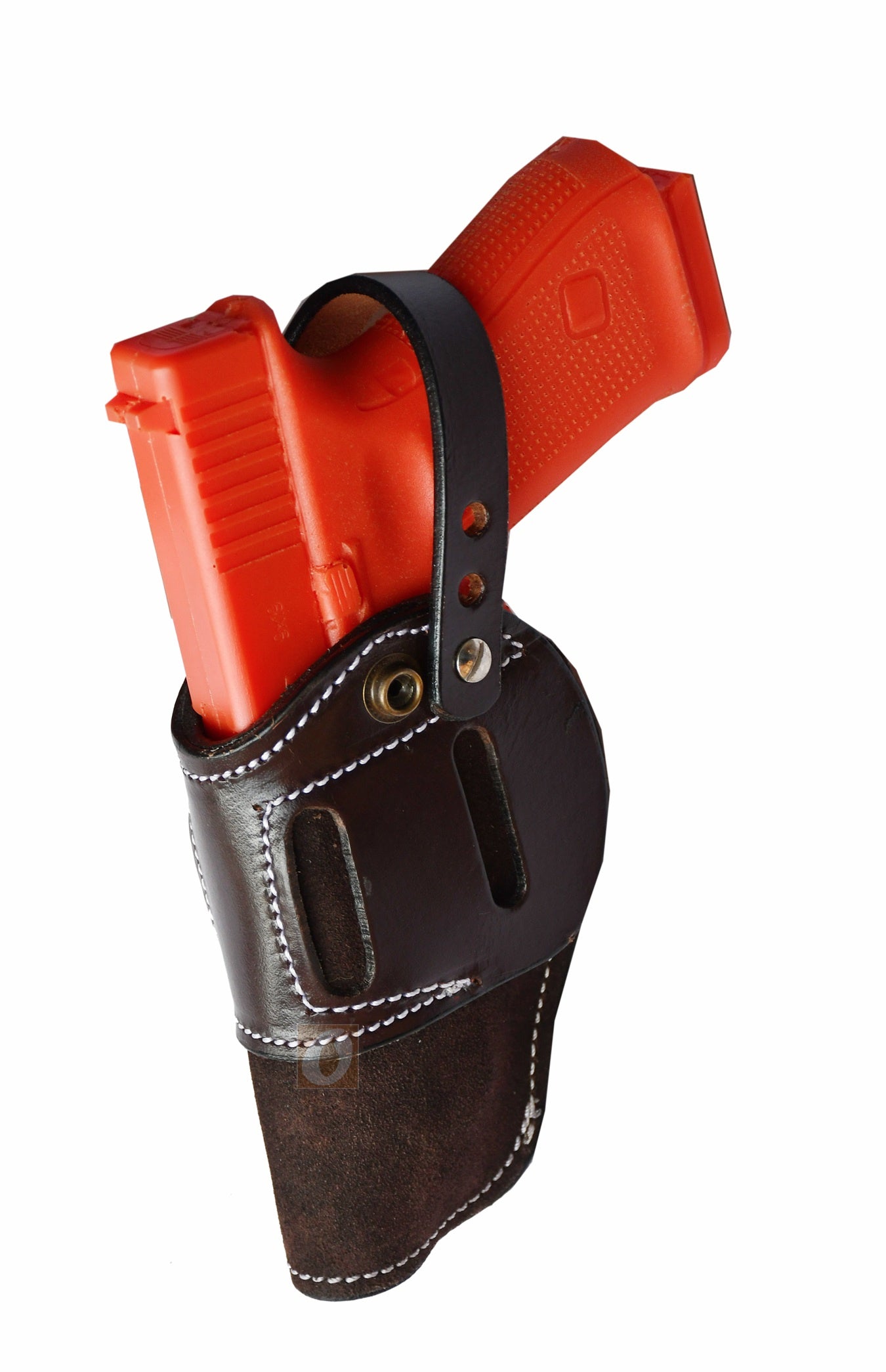 Soft suede leather gun holster – brown ambidextrous design, perfect for Glock 17, Glock 19, S&W, and Ruger. A comfortable and secure gun holster for everyday use.