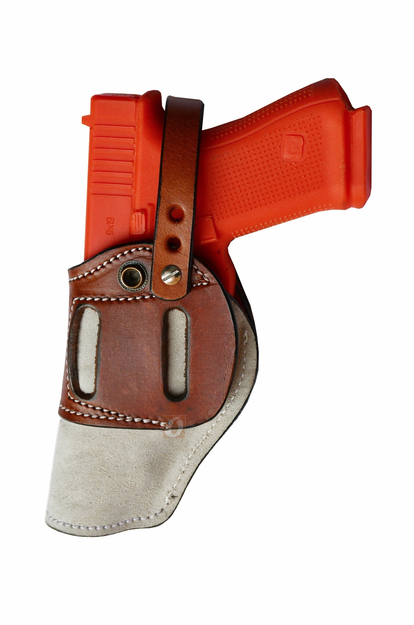 Versatile tan leather holster – ambidextrous soft suede design for Glock 17, Glock 19, S&W, and Ruger. A perfect concealed carry holster with a snug fit.