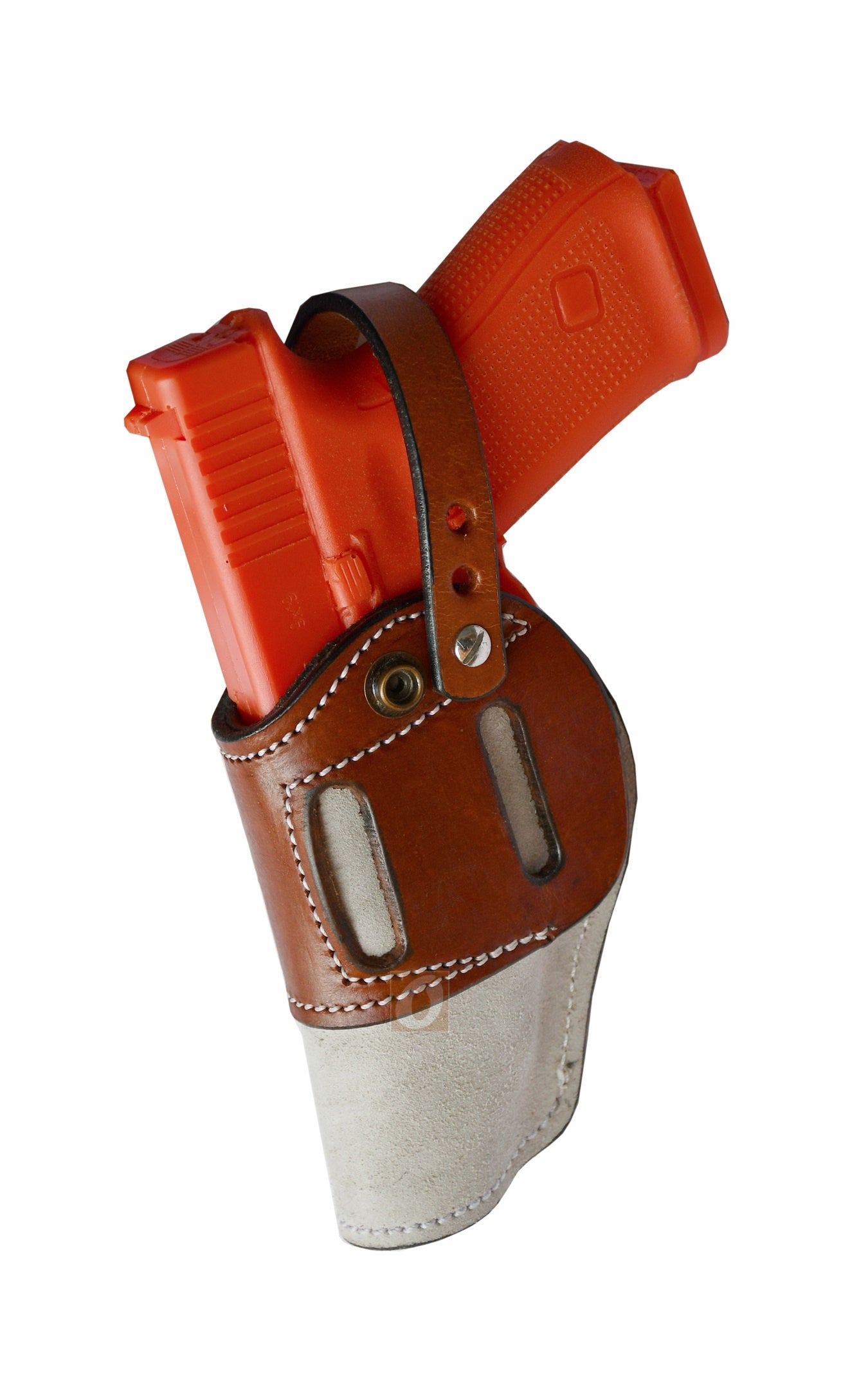 Soft beige suede leather gun holster – ambidextrous design, perfect for Glock 17, Glock 19, S&W, and Ruger. A comfortable and secure gun holster for everyday use.