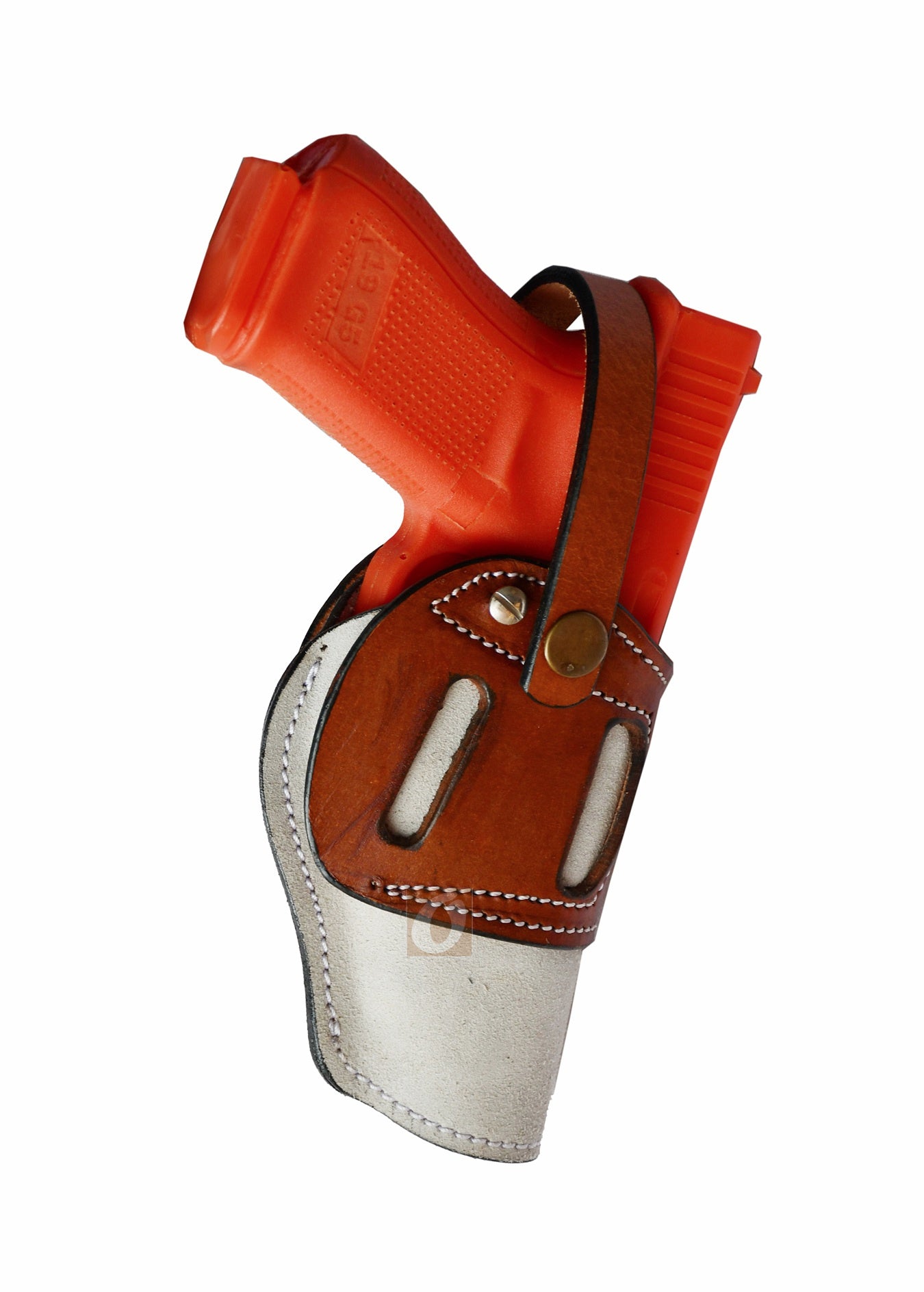 Premium tan suede leather holster – ambidextrous gun holster designed for Glock 17, Glock 19, S&W, and Ruger. Stylish and durable leather holster for concealed carry.