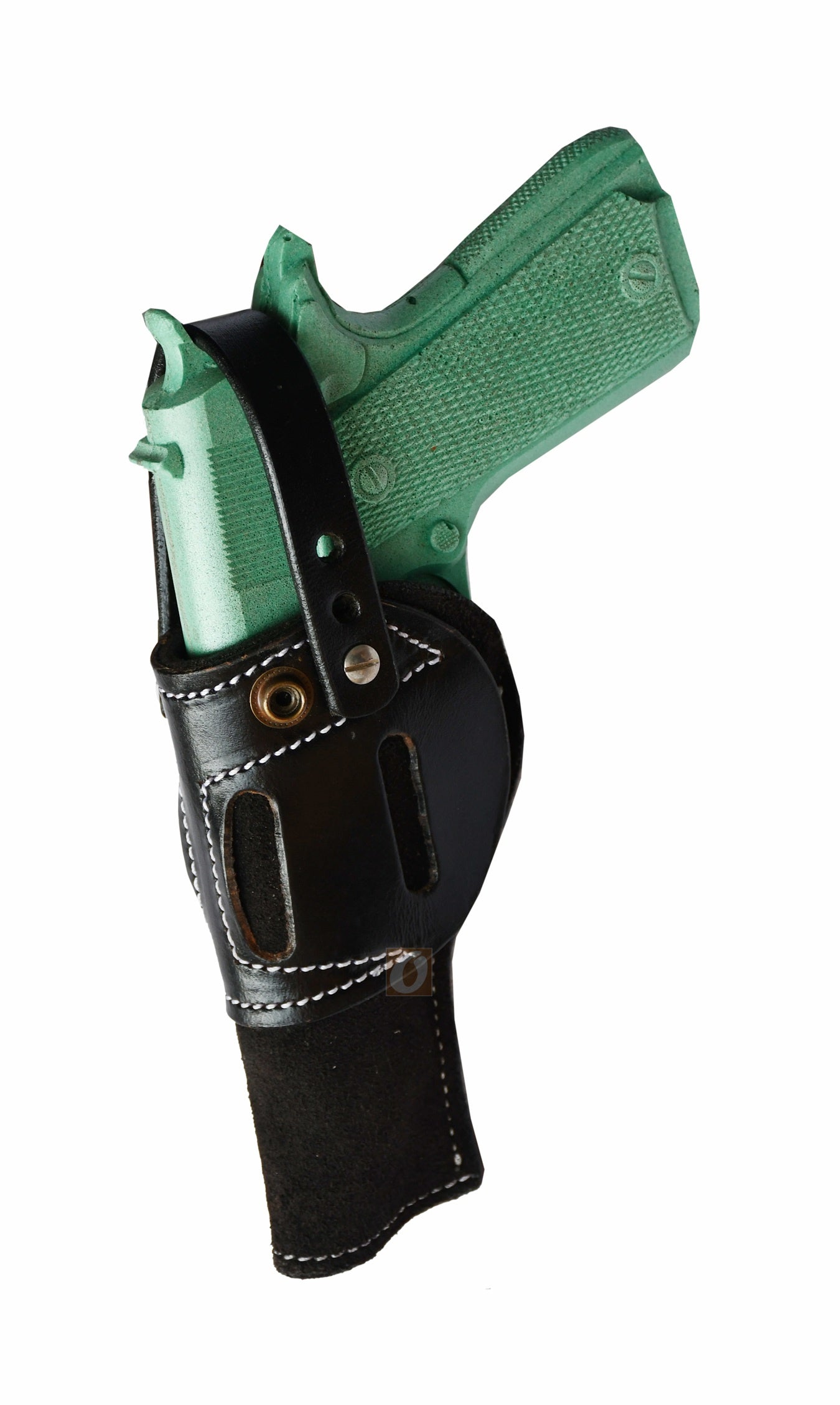 Stylish black leather holster for 1911, made from soft suede material, ambidextrous holster offering reliable protection and easy access to your firearm.