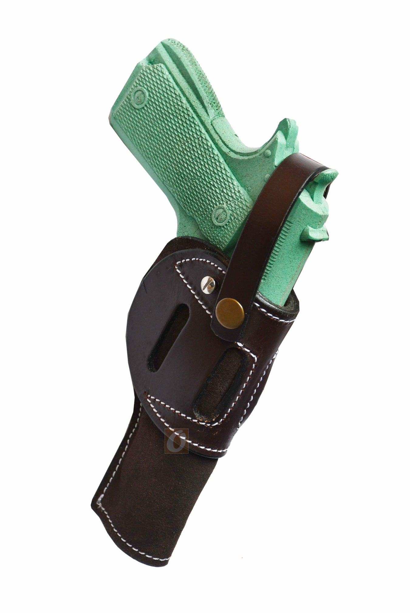 Stylish brown leather holster for 1911, made with soft suede material, ambidextrous holster providing a secure and easy draw for your firearm.