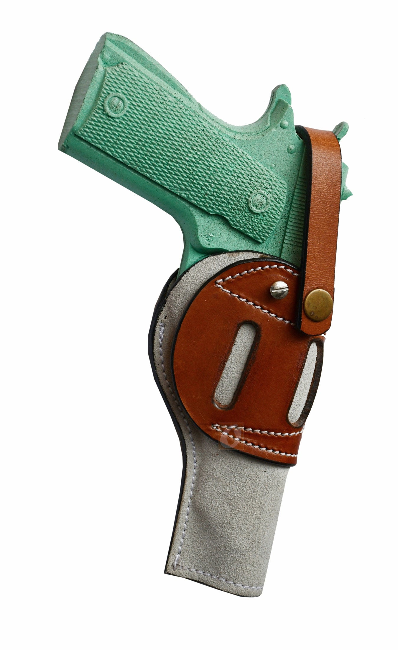 Durable tan gun holster made of soft suede leather, perfect for 1911 pistols, ambidextrous design ensures a comfortable and secure fit for all users.