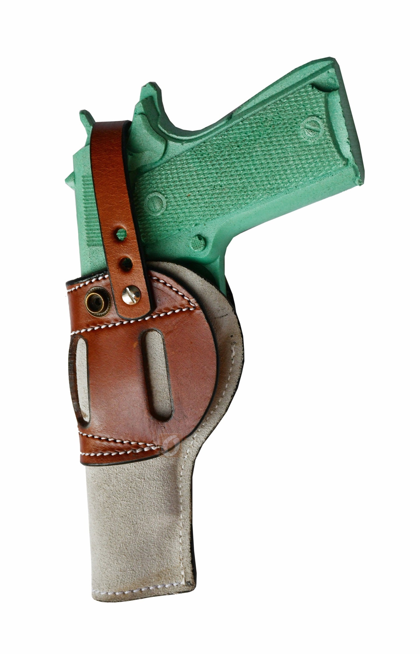 Stylish tan leather holster for 1911, crafted with soft suede material, ambidextrous holster providing easy access and secure carry of your firearm.