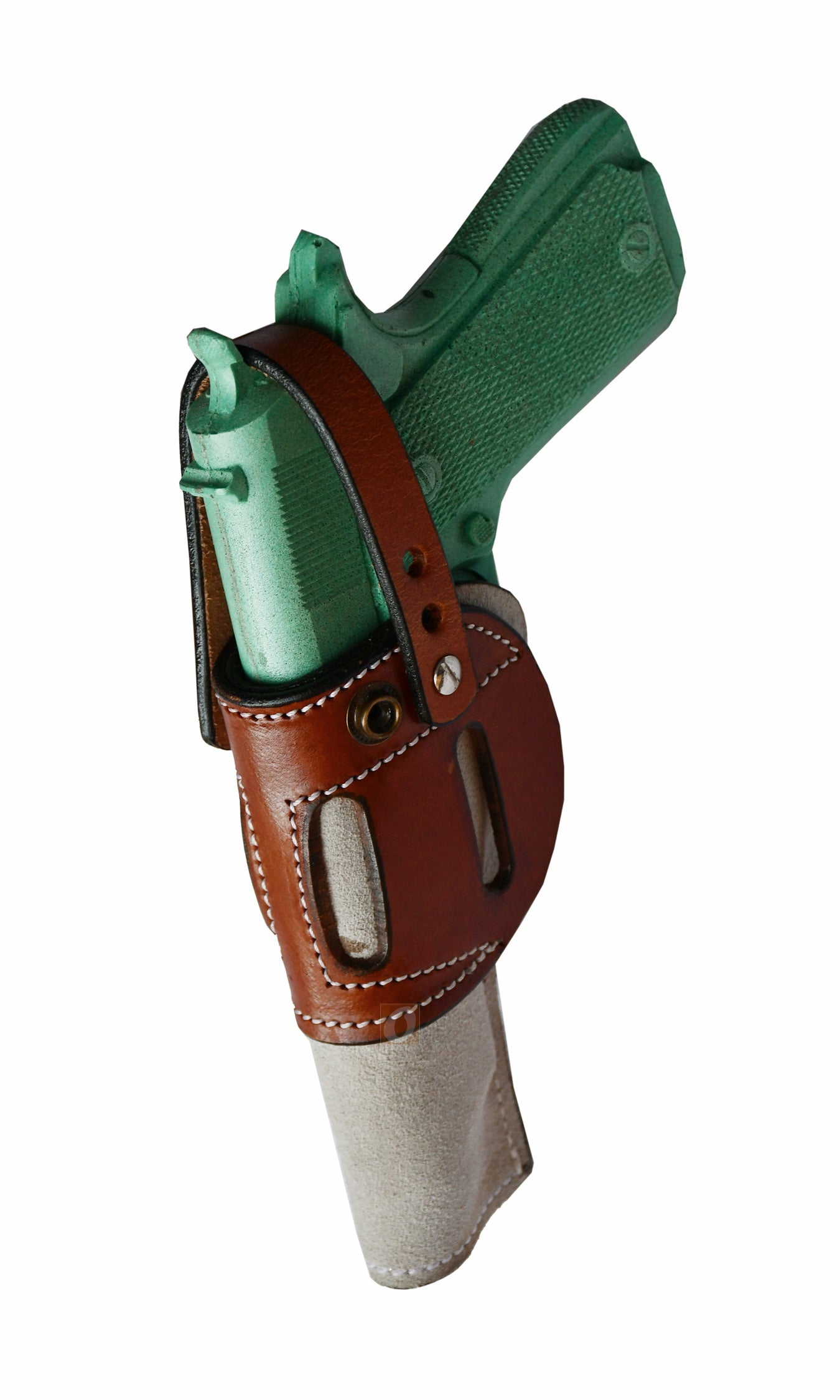 Tan soft suede leather holster for 1911, ambidextrous design, offering a secure and comfortable fit for concealed carry and everyday use.