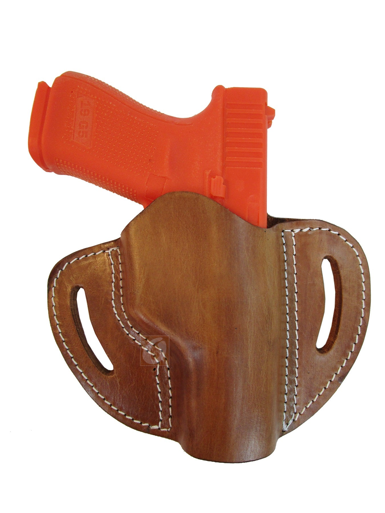 A high-quality gun holster made from tan leather, perfect for concealed or open carry. Designed to fit holster for Glock 17, Glock 19 holster, FN FNS-9, Ruger SR9, S&W M&P9, SIG P225-A1, Springfield XD9, and more.