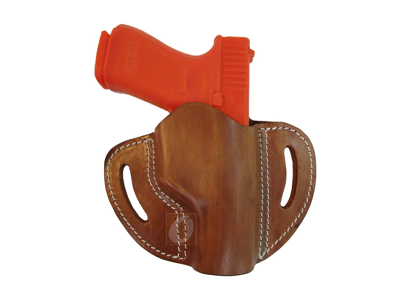 A sturdy and stylish leather holster in tan, designed for right-handed users. Compatible with Glock holster models like Glock 17 holster, Glock 19 holster, and other popular firearms, including Taurus PT111, Walther P99, and Springfield XD40.