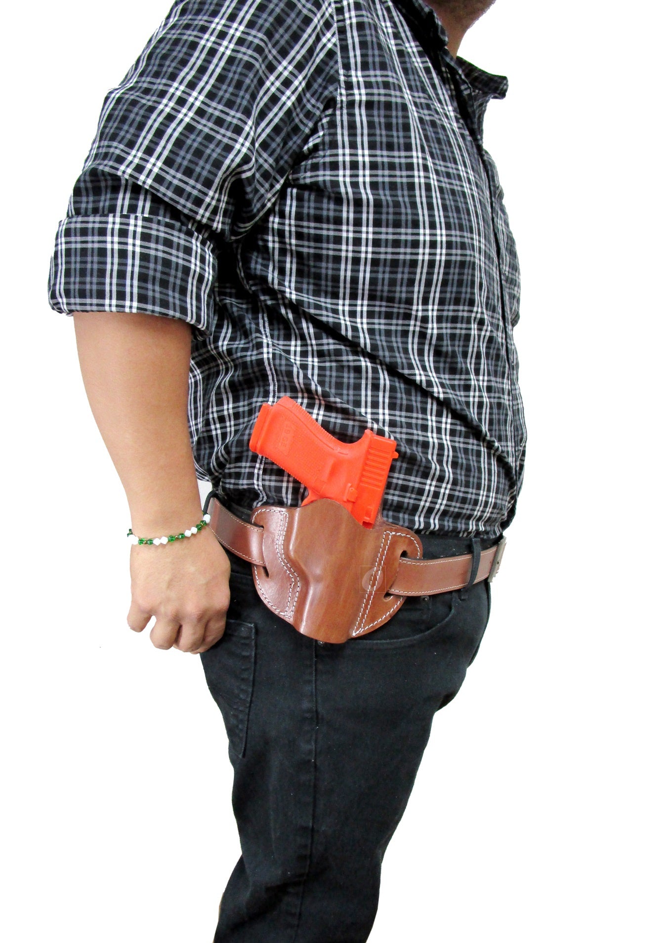 Premium right-handed holster for Glock models 17, 19, 19X, 23, 25, 26, 27, 28, 32, 33, 45, 48, FN FNS-9, Ruger SR9, SR40, and more, offering a secure fit for concealed or open carry.