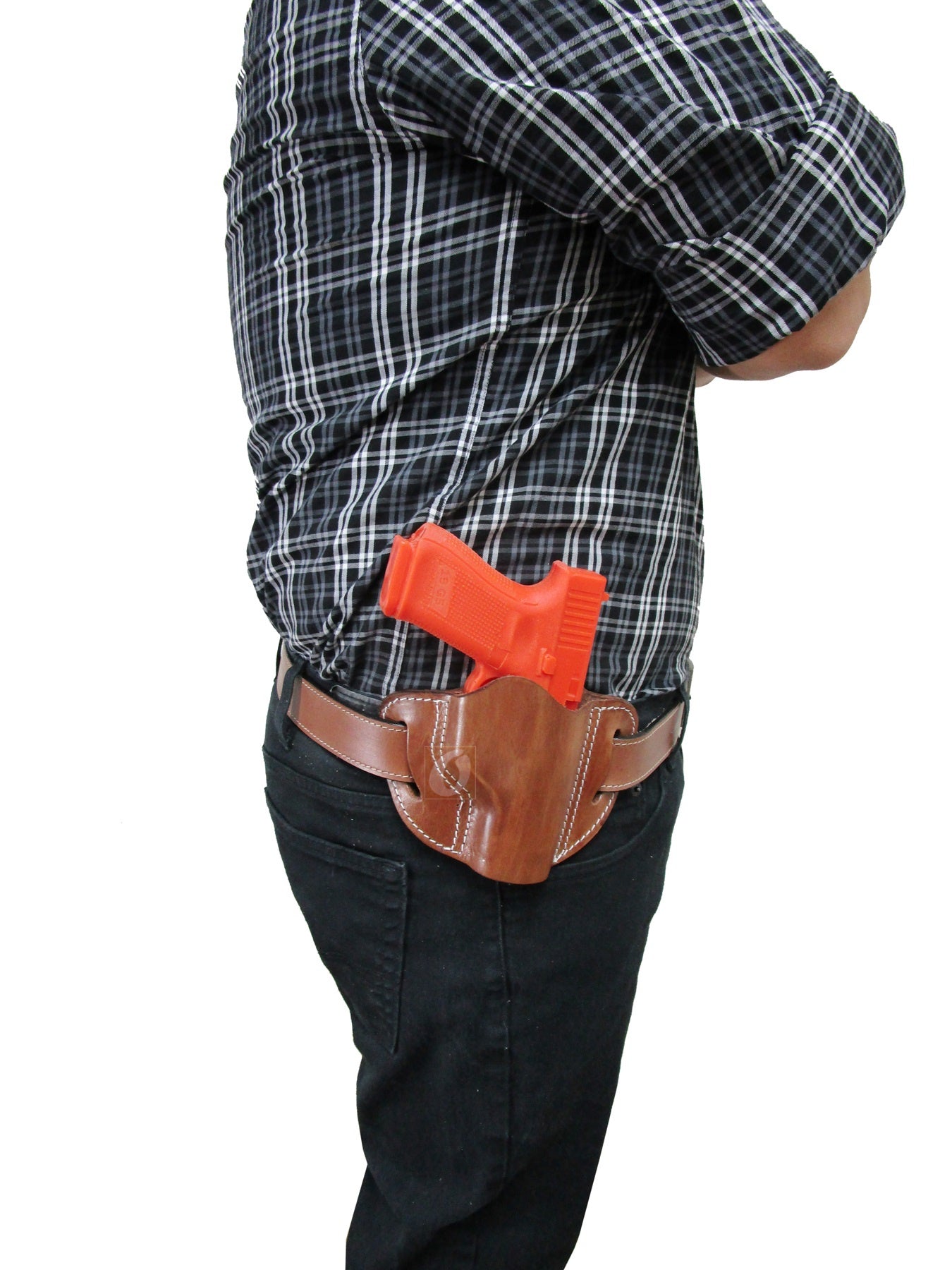 Perfect fit right-handed holster for Glock models, FN FNS-9, Ruger SR9, SR40, M&P9, Shield Plus, and other compatible pistols, offering sleek design and reliability.