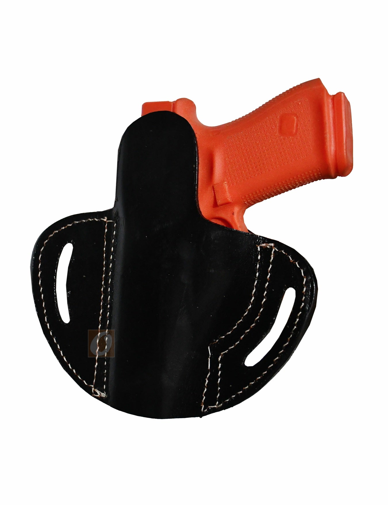 A black leather holster for Glock, designed for right-handed users. This Glock 17 holster and Glock 19 holster provides a snug, comfortable fit for concealed carry, also compatible with Smith & Wesson M&P, Ruger SR series, and Springfield XD models.