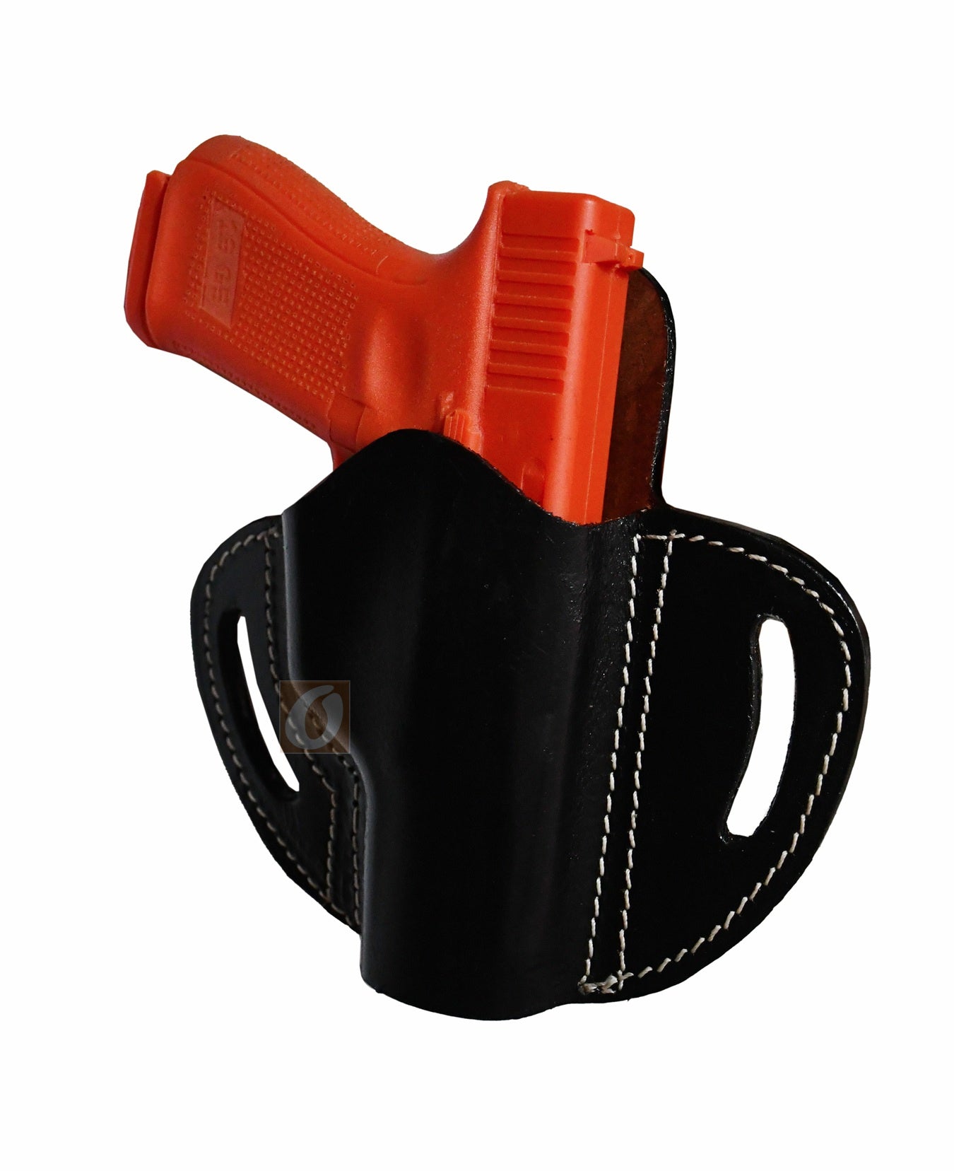 A Glock holster with a sleek black leather finish, designed for secure and comfortable carry. This gun holster fits popular models like Glock, Springfield XD, Taurus PT111, Walther P99, and more, offering excellent firearm retention and quick draw.