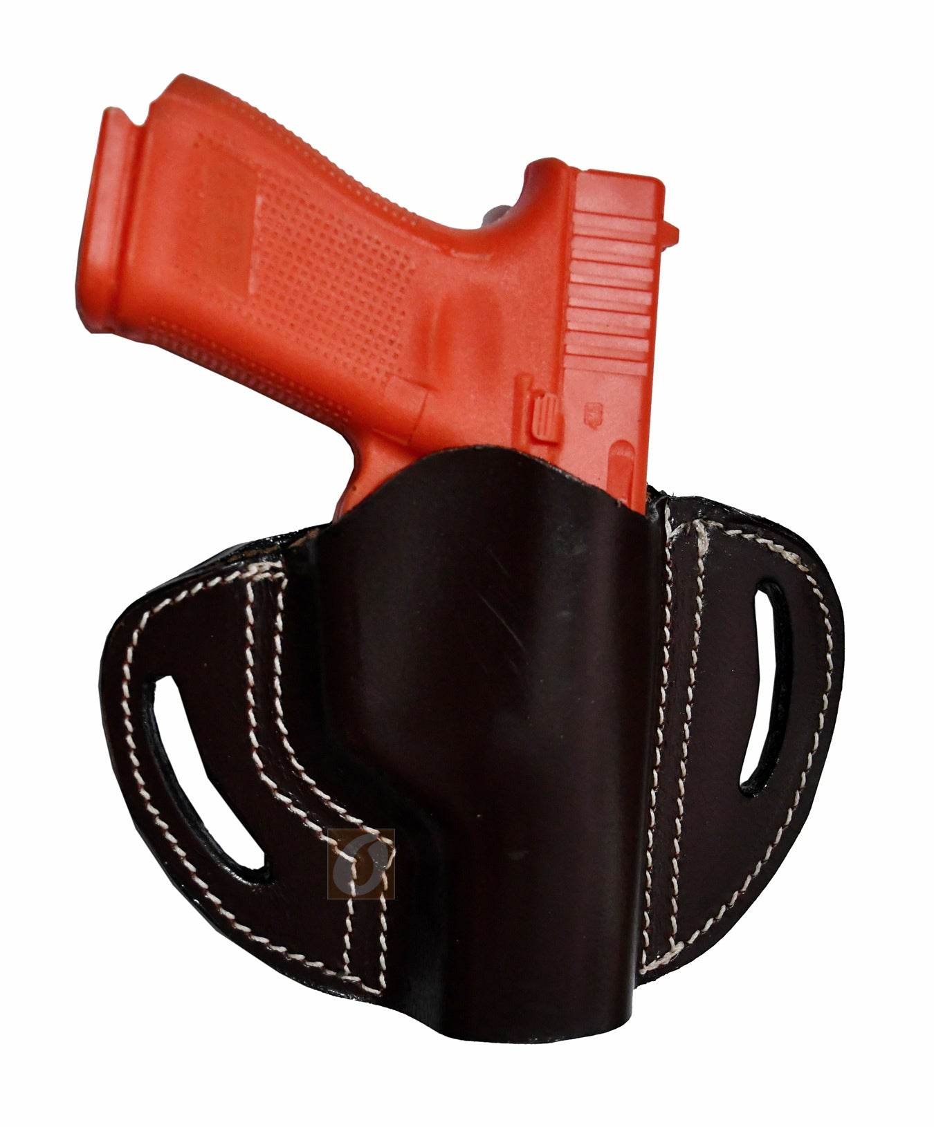 A high-quality right-handed leather holster designed for a perfect fit. This Glock holster is compatible with Glock 17 holster, Glock 19 holster, and other models, providing a secure and comfortable carry option.