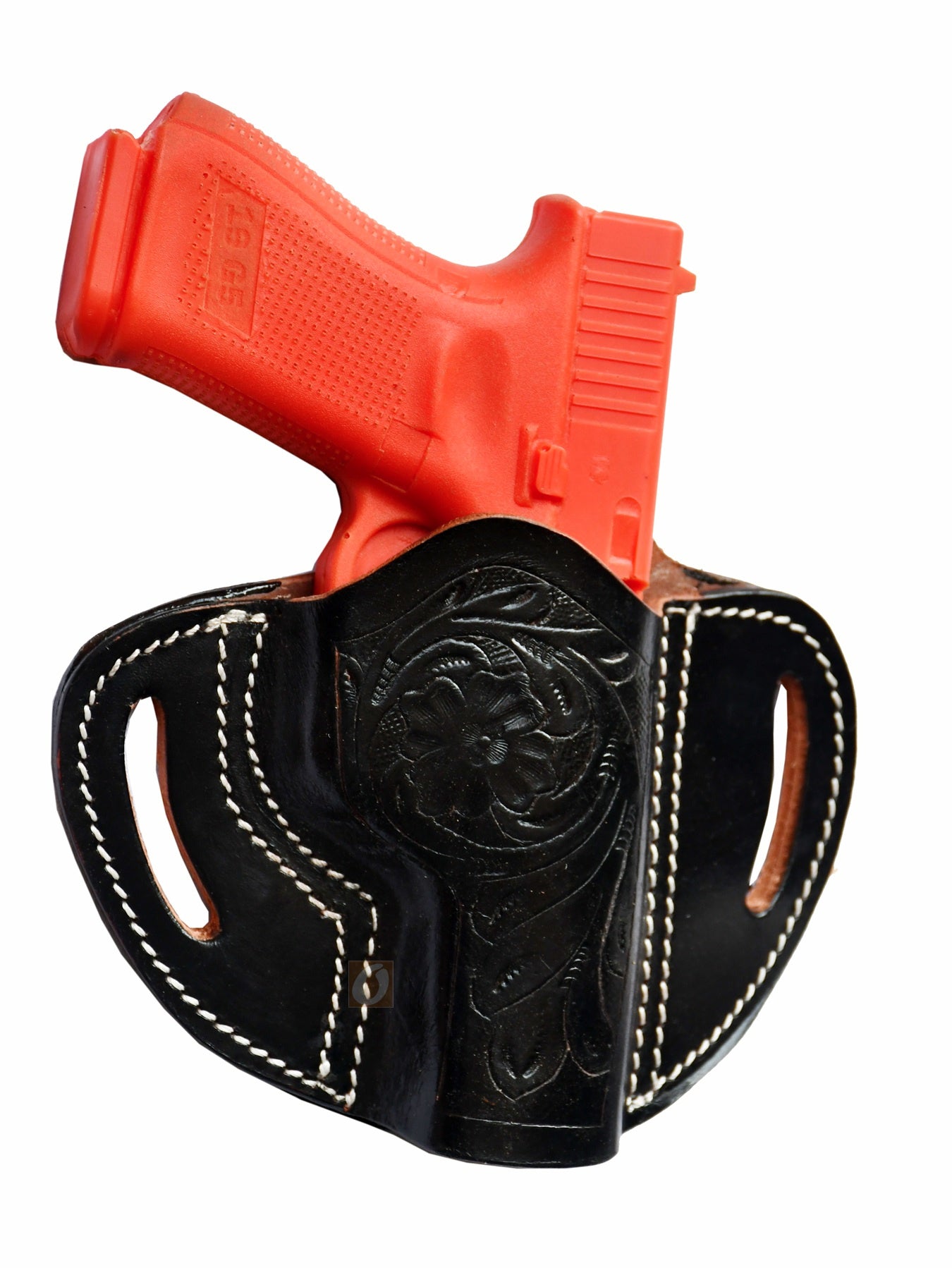A beautifully crafted right-handed leather holster featuring intricate floral tooling. This Glock holster is designed for a perfect fit, compatible with Glock 17 holster, Glock 19 holster, and other popular models, offering both elegance and functionality.