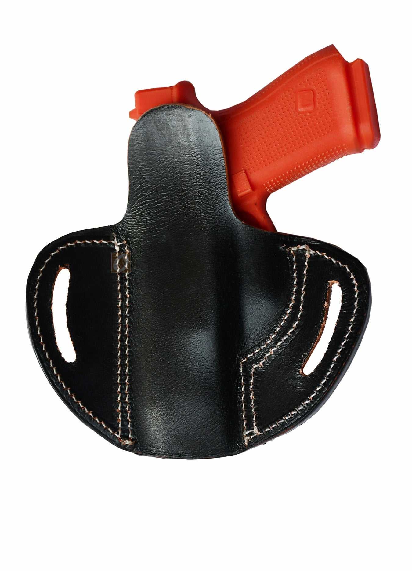 A premium gun holster made from black tooled leather, combining durability with a stylish design. This pancake holster fits holster for Glock 17, Glock 19 holster, FN FNS-9, Ruger SR9, S&W M&P9, SIG P225-A1, Springfield XD9, and more.