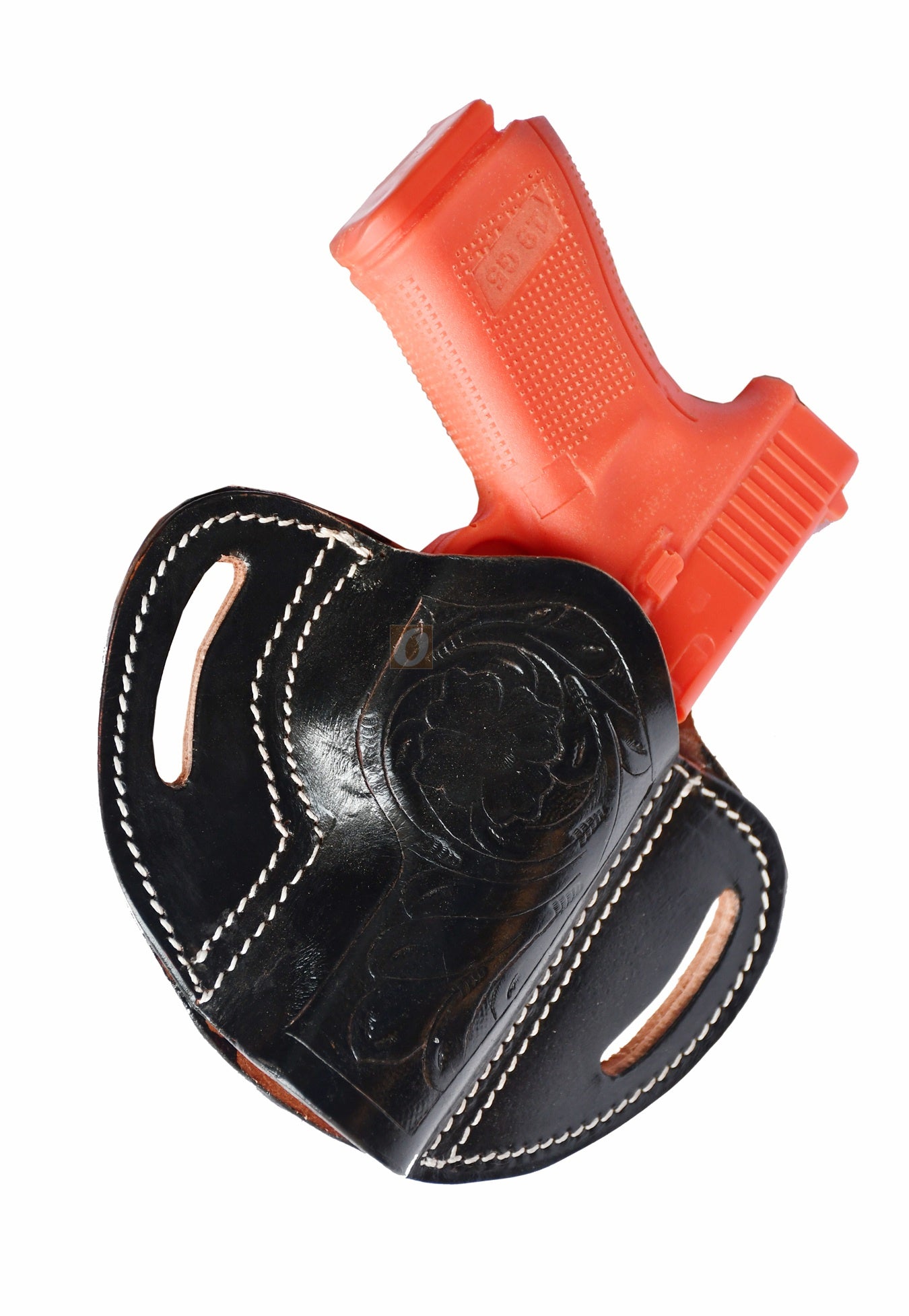 A stunning black leather holster with floral tooling, designed for right-handed shooters. Compatible with Glock holster models like Glock 17 holster, Glock 19 holster, and various other firearms, including Taurus PT111, Walther P99, and Springfield XD40.