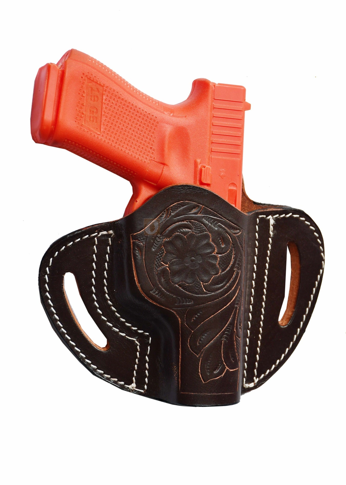 A premium right-handed leather holster with intricate floral tooling. This Glock holster combines style and function, designed for a precise fit with Glock 17 holster, Glock 19 holster, and other compatible models.