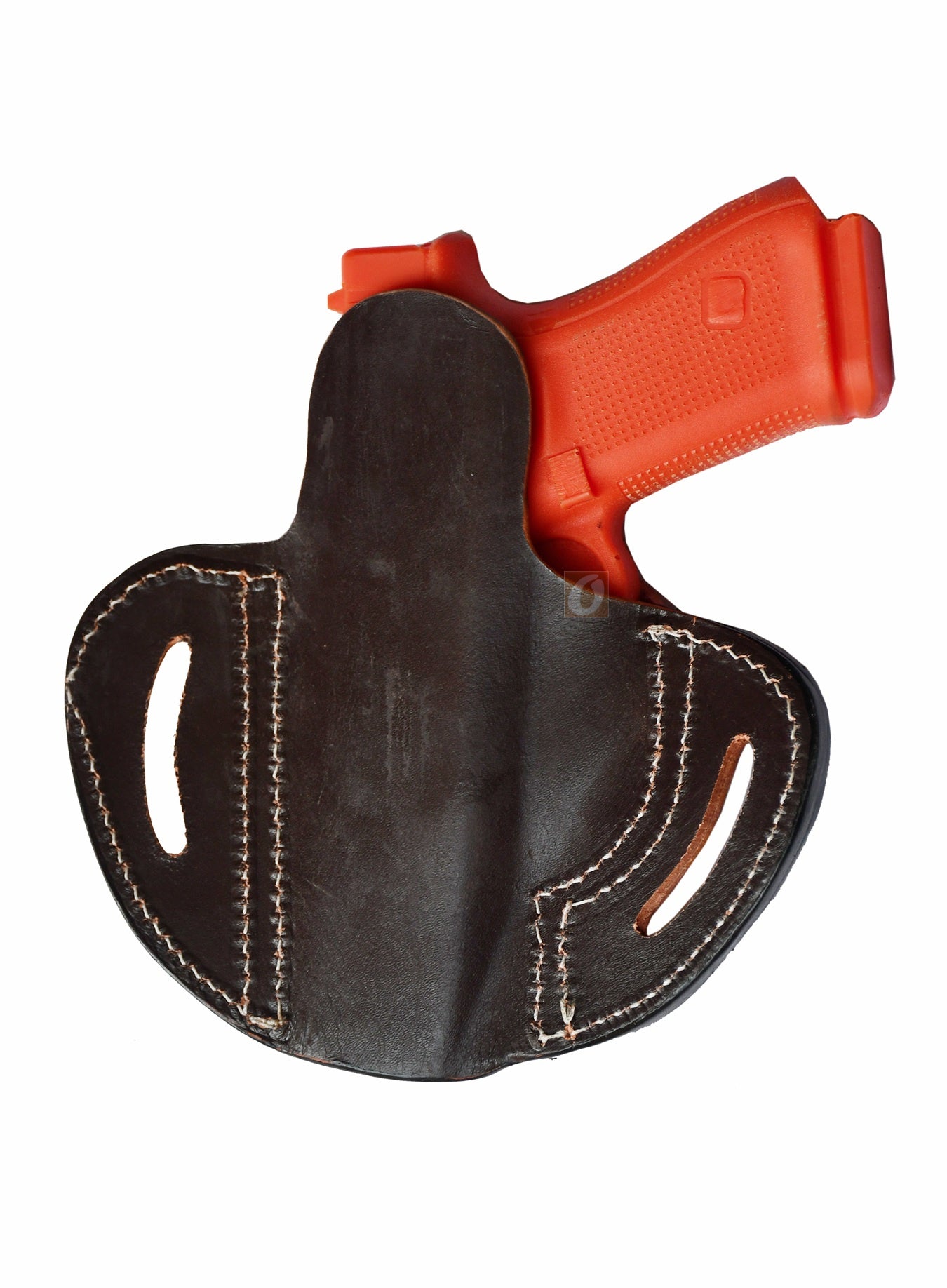 A handcrafted gun holster made from brown tooled leather, perfect for concealed or open carry. This pancake holster fits holster for Glock 17, Glock 19 holster, FN FNS-9, Ruger SR9, S&W M&P9, SIG P225-A1, Springfield XD9, and more.