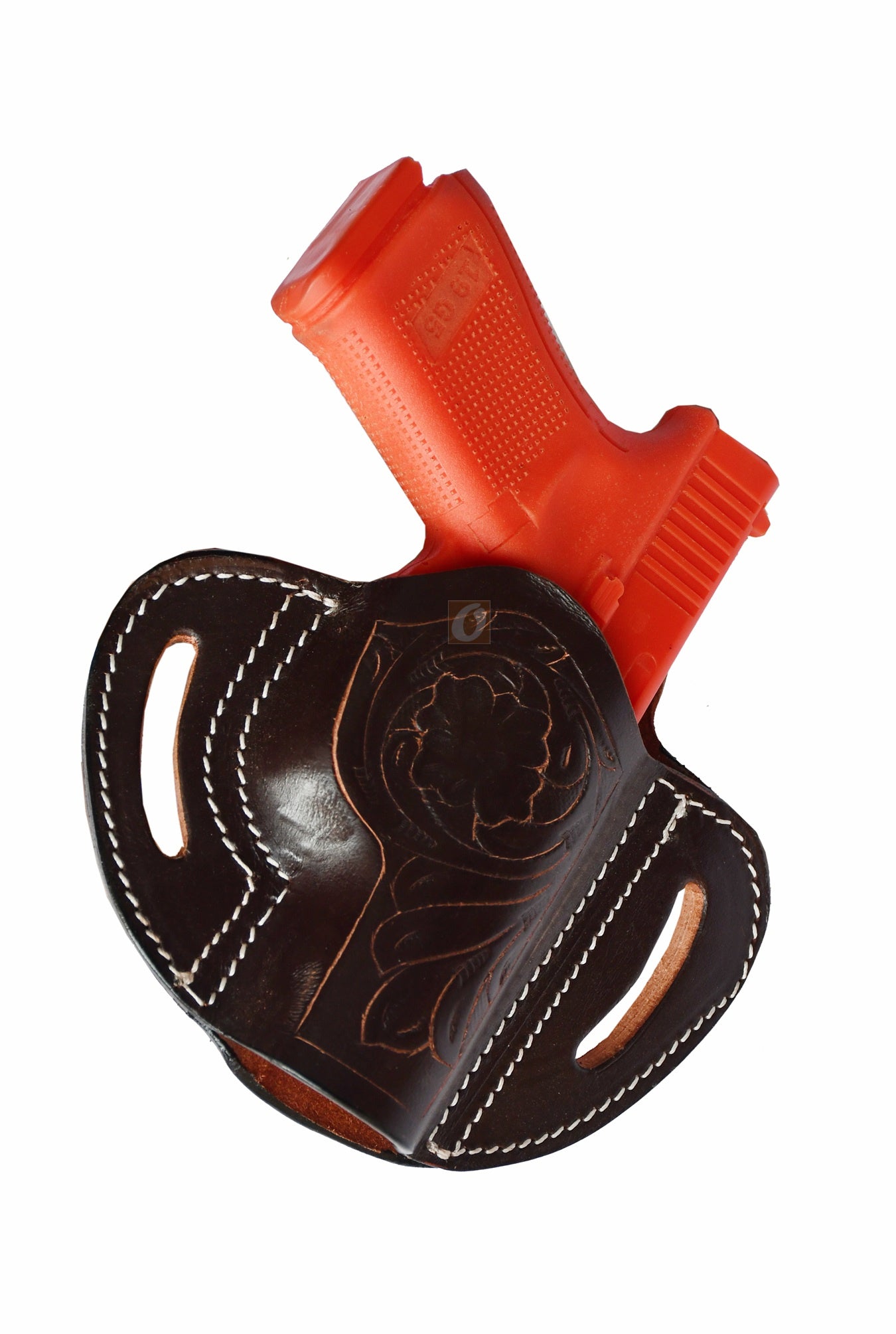 A beautifully detailed leather holster in brown, designed for right-handed shooters. Compatible with Glock holster models like Glock 17 holster, Glock 19 holster, as well as Taurus PT111, Walther P99, and Springfield XD40.