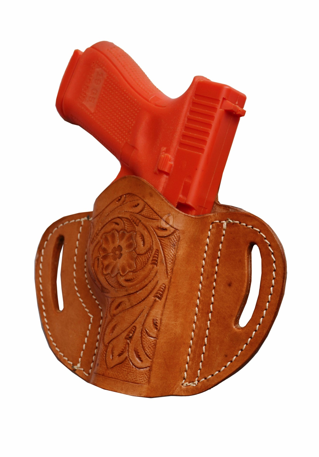 A stunning leather holster in tan with floral tooling, designed for right-handed shooters. Compatible with Glock holster models like Glock 17 holster, Glock 19 holster, as well as Taurus PT111, Walther P99, and Springfield XD40.