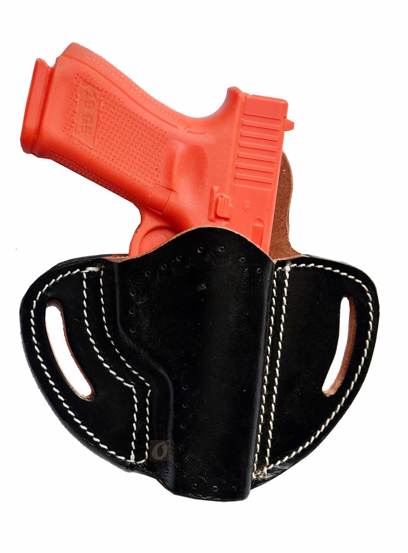A premium right-handed leather holster with intricate sea shell tooling. This Glock holster is designed for a secure fit and accommodates Glock 17 holster, Glock 19 holster, and other compatible models.