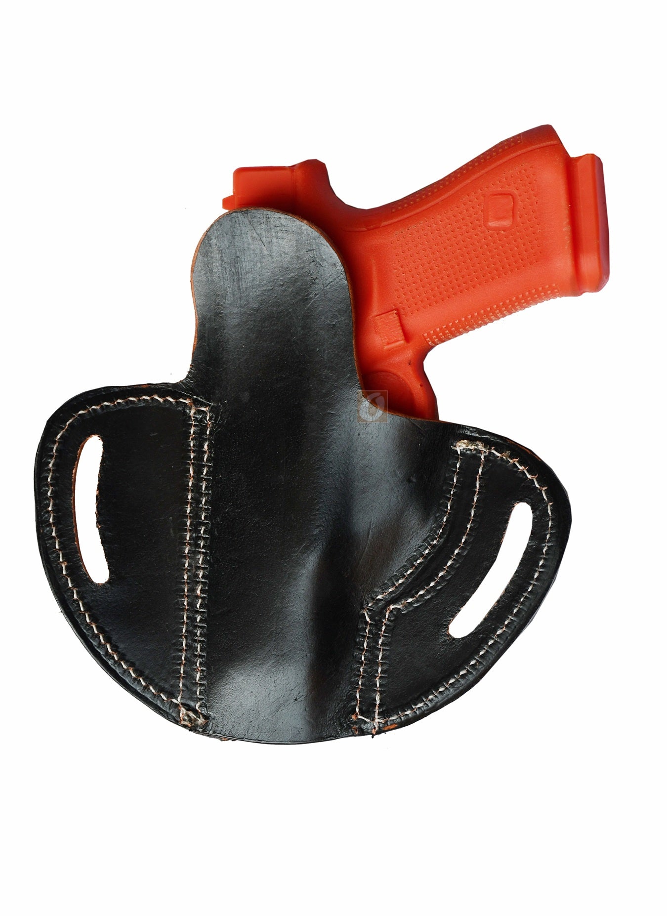 A high-quality gun holster made from black sea shell tooled leather, perfect for open or concealed carry. This pancake holster fits holster for Glock 17, Glock 19 holster, FN FNS-9, Ruger SR9, S&W M&P9, SIG P225-A1, Springfield XD9, and more.