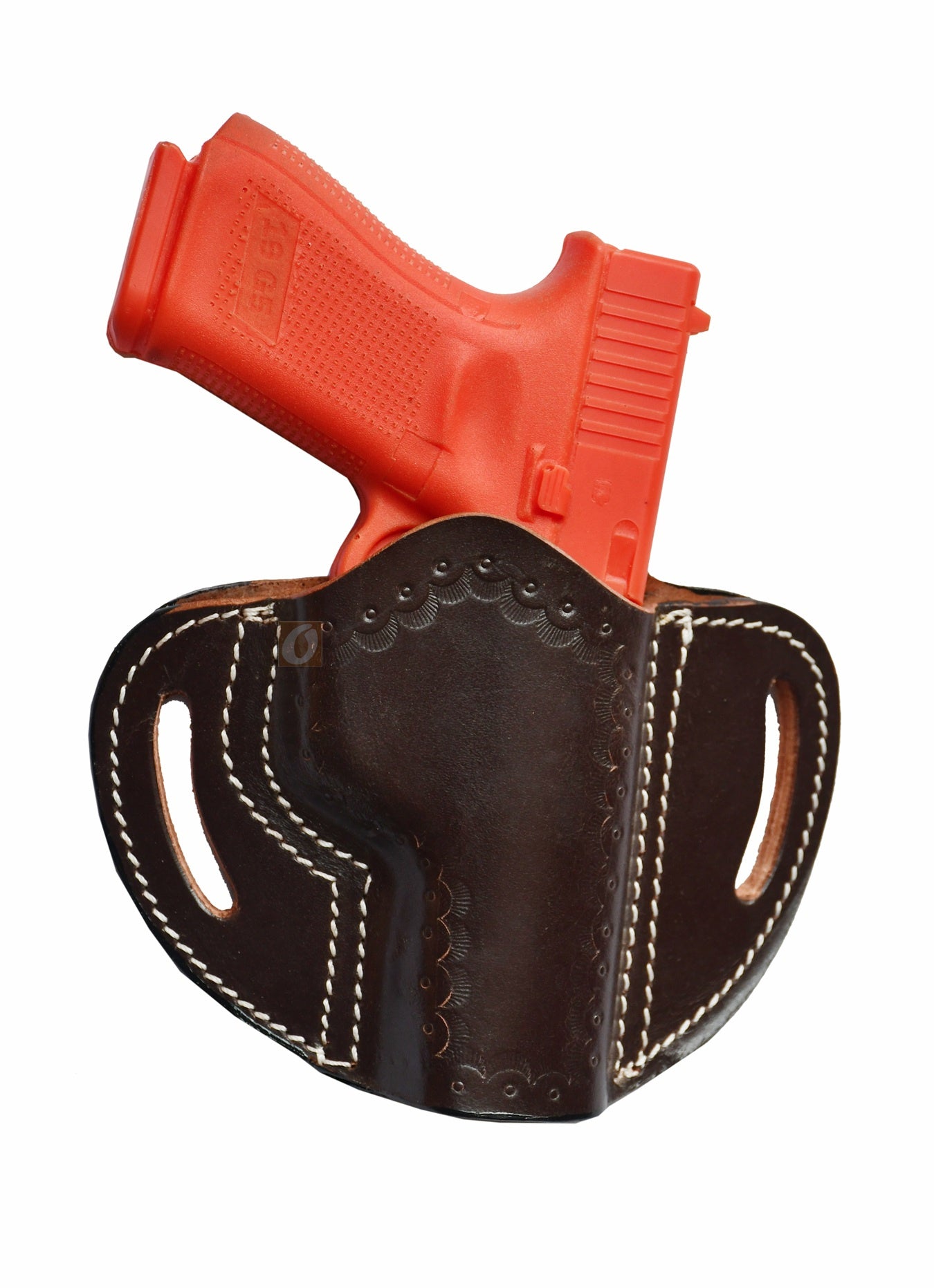 A high-quality right-handed leather holster designed for a perfect fit. This Glock holster is compatible with Glock 17 holster, Glock 19 holster, and other models, providing a secure and comfortable carry option