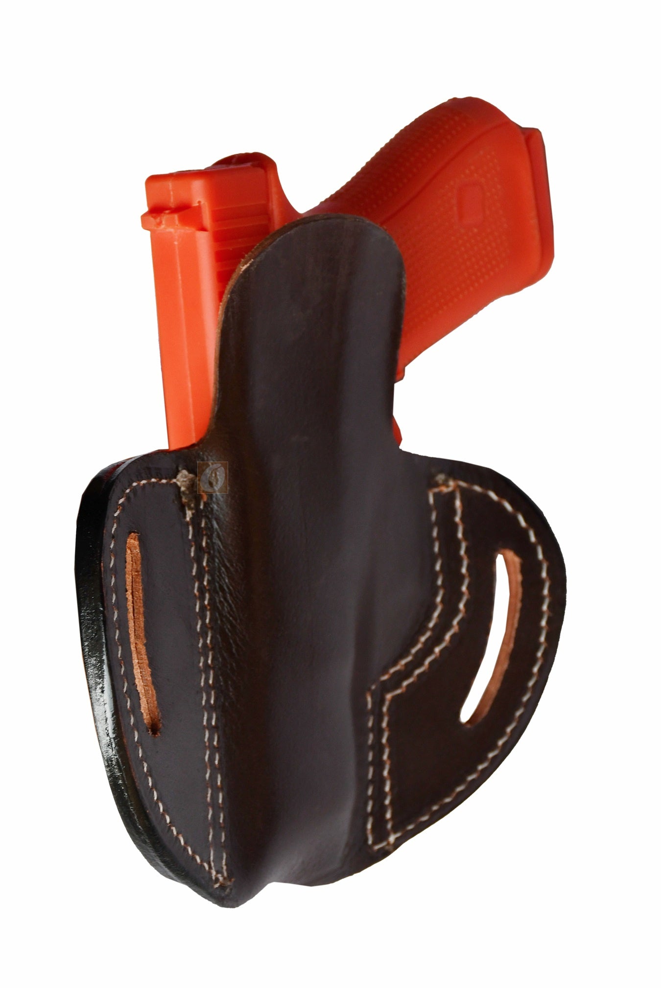 A sleek and durable pancake holster, perfect for Glock and other handguns. This gun holster is handcrafted from brown leather, designed for right-handed shooters, and compatible with Glock 17 holster, Glock 19 holster, FN, Ruger, S&W M&P, SIG, and more.