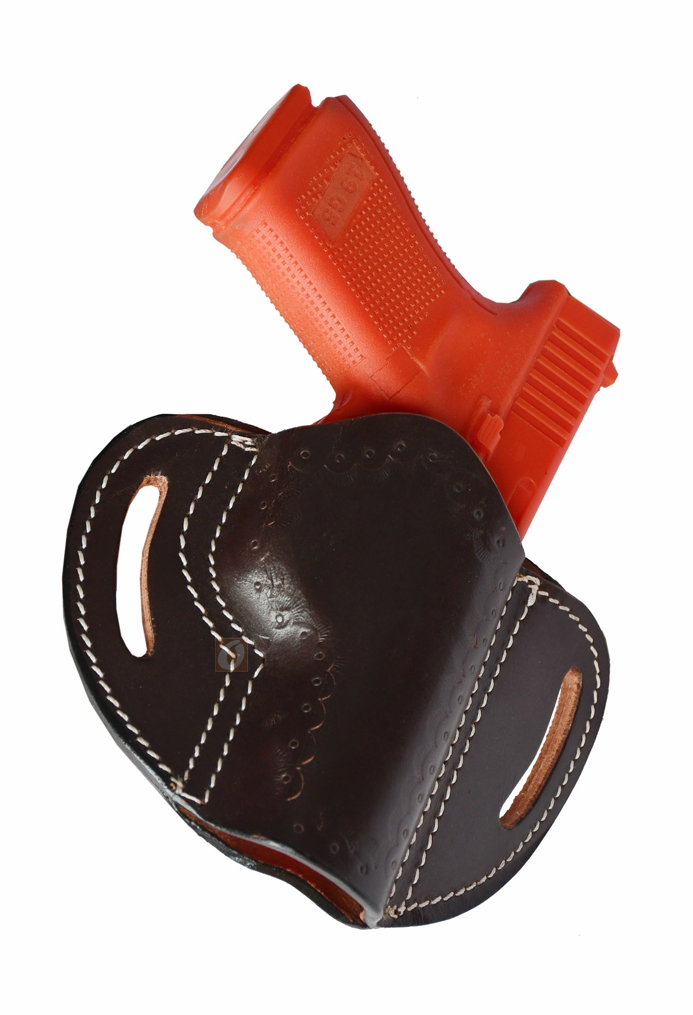 This leather holster in rich brown is designed for right-handed users, offering a snug fit for Glock holster models like Glock 17 holster, Glock 19 holster, as well as other compatible firearms like Taurus PT111, Walther P99, and Springfield XD40.