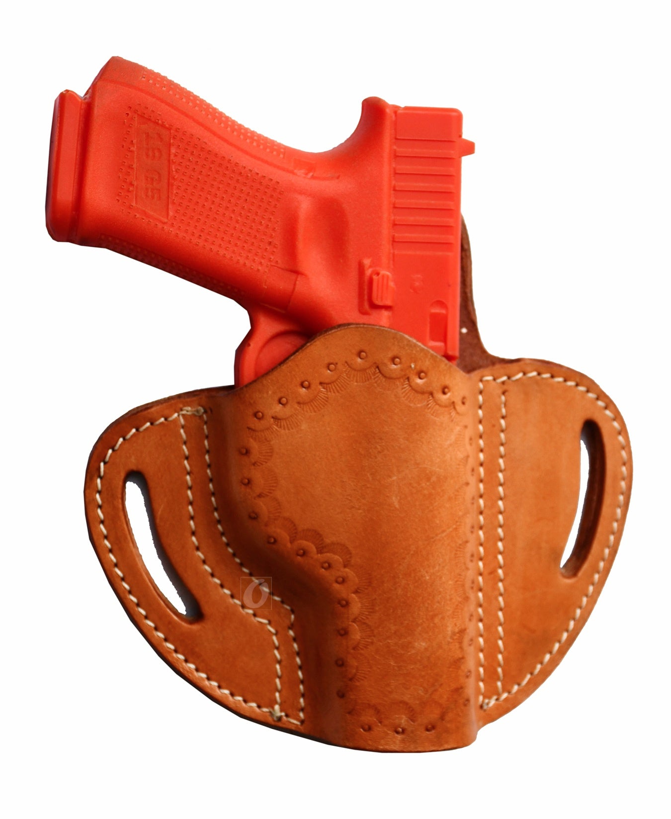 A premium right-handed leather holster featuring intricate sea shell tooling. This Glock holster offers a secure fit for Glock 17 holster, Glock 19 holster, and other compatible models, combining style and functionality for everyday use.