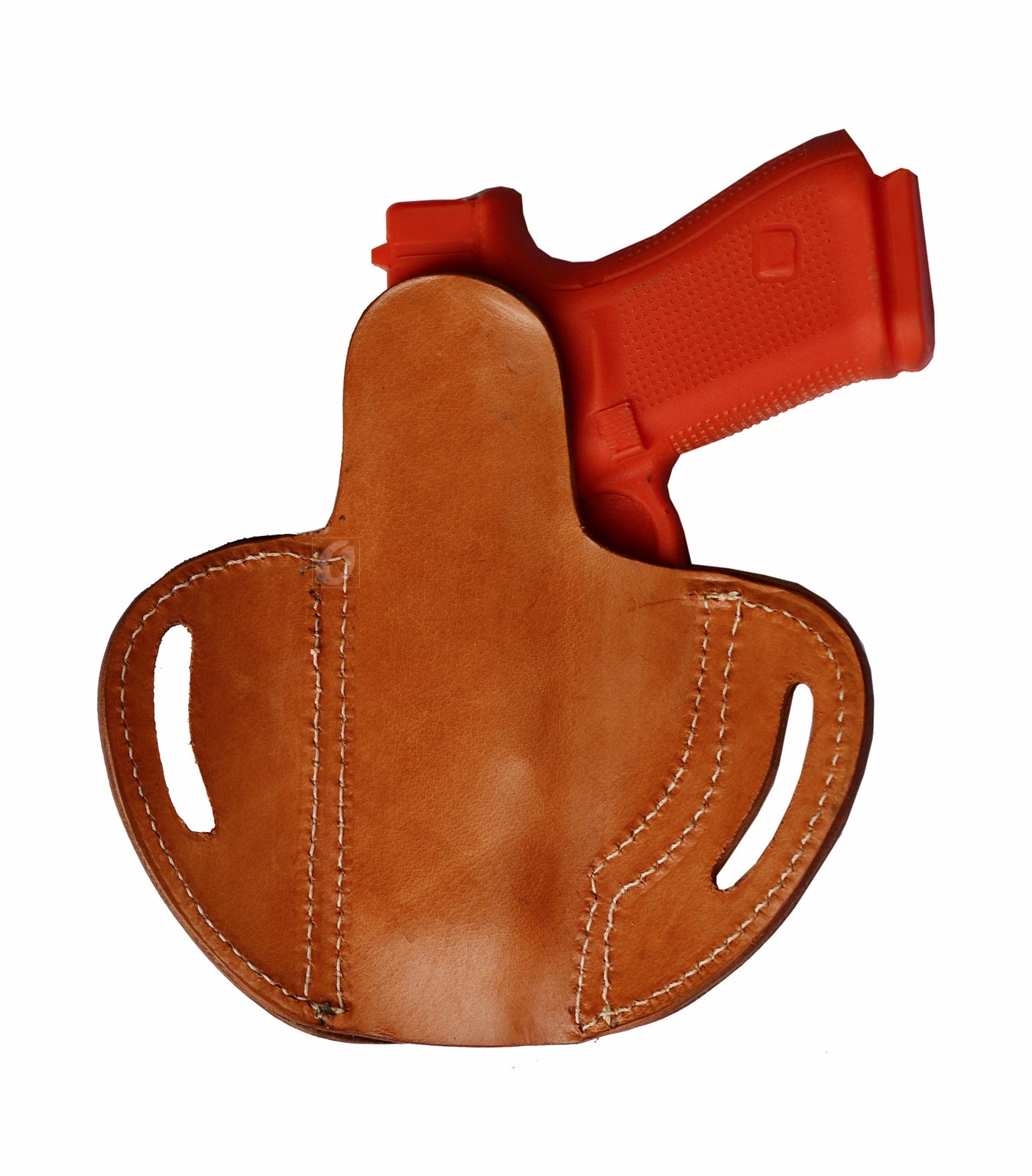 A durable gun holster crafted from tan leather with detailed sea shell tooling, perfect for concealed or open carry. This pancake holster fits holster for Glock 17, Glock 19 holster, FN FNS-9, Ruger SR9, S&W M&P9, SIG P225-A1, and more.