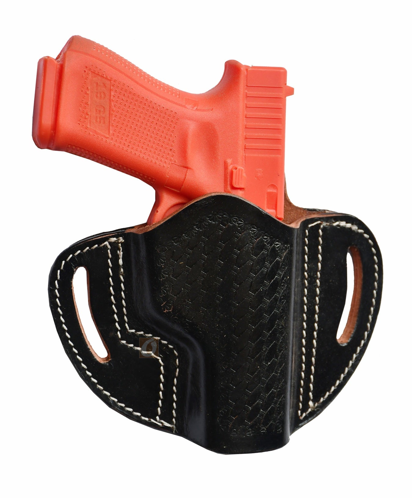A high-quality right-handed leather holster with intricate basket weave tooling. This Glock holster fits Glock 17 holster, Glock 19 holster, and various other models, offering both style and secure functionality for everyday carry.