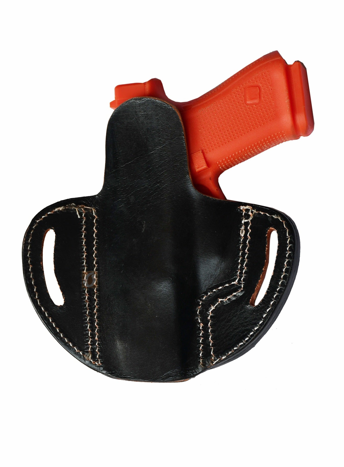 A durable gun holster made from black leather with a basket weave pattern, perfect for concealed or open carry. This pancake holster fits holster for Glock 17, Glock 19 holster, FN FNS-9, Ruger SR9, S&W M&P9, SIG P225-A1, Springfield XD9, and more.