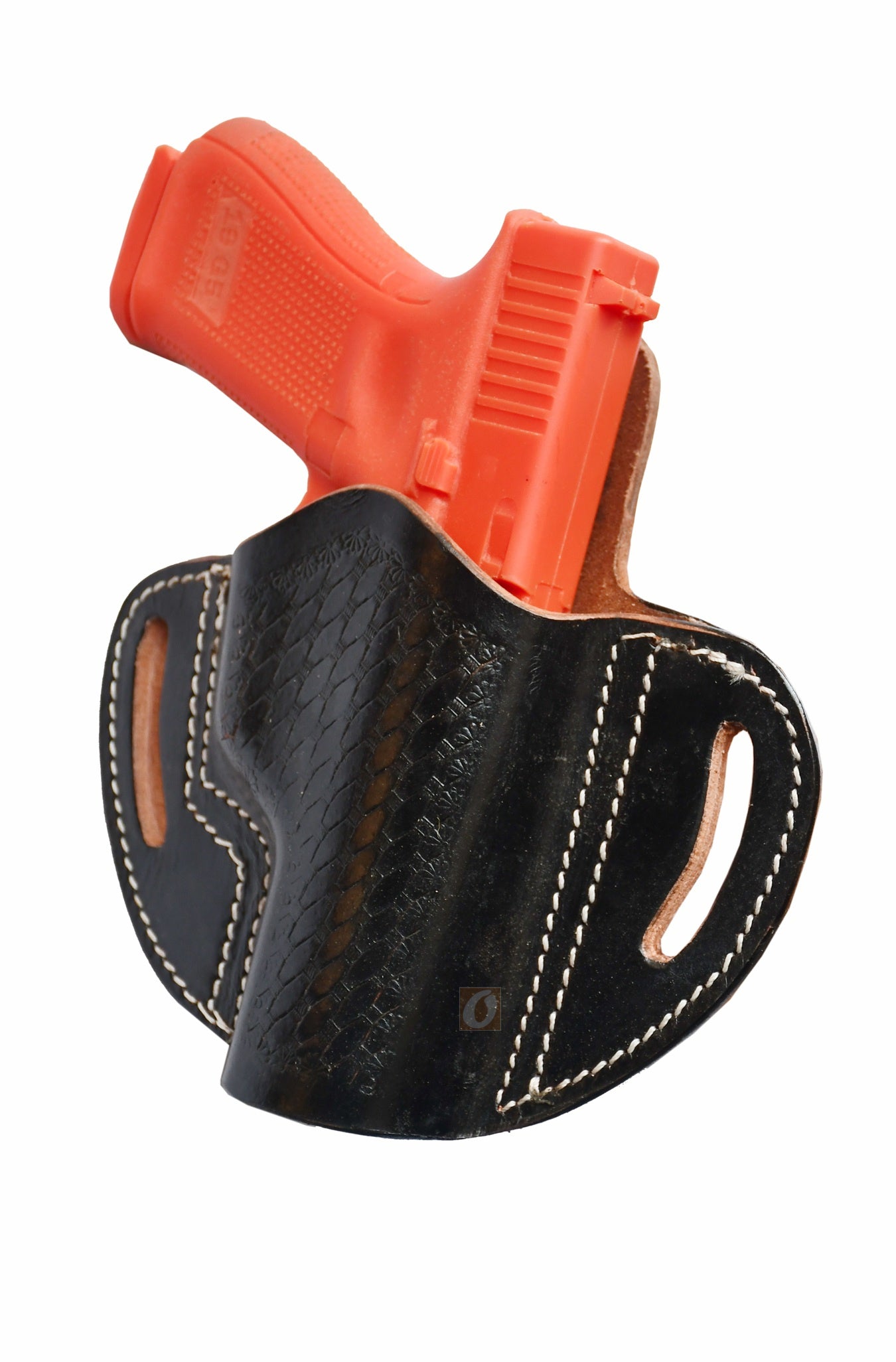 A stylish leather holster in black with detailed basket weave tooling, designed for right-handed shooters. Compatible with Glock holster models like Glock 17 holster, Glock 19 holster, Taurus PT111, Walther P99, and Springfield XD40.