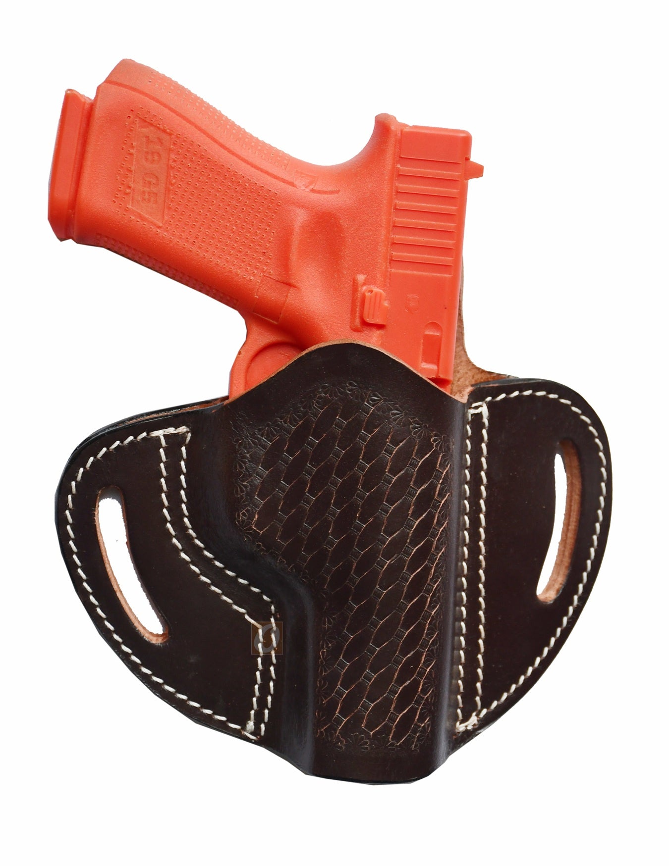 A high-quality leather holster designed for a secure fit, crafted to accommodate Glock models 17, 19, 19X, 23, 25, 26, 27, 28, 32, 33, 45, and 48. This custom-made holster also fits a variety of other popular firearm brands including FN FNS-9, Ruger SR Series, Smith & Wesson M&P, SIG Sauer P225-A1, Springfield XD Series, Taurus PT111, and Walther P99, ensuring a versatile and reliable carry solution.