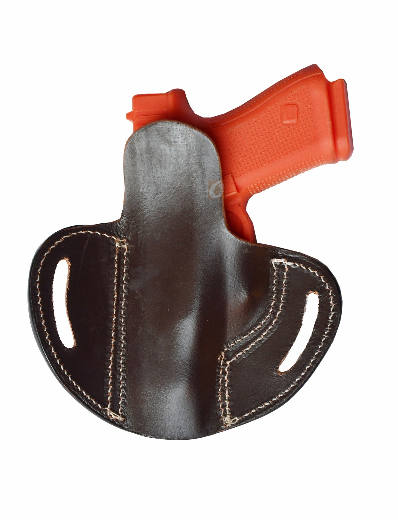 A right-handed, basket-tooled brown leather holster made for precision fit and comfort. Specifically designed for Glock models 17, 19, 19X, 23, 25, 26, 27, 28, 32, 33, 45, and 48, this holster also accommodates a range of other firearms including the Ruger SR Series, Smith & Wesson M&P Series, and Walther P99, offering a perfect blend of durability and style.