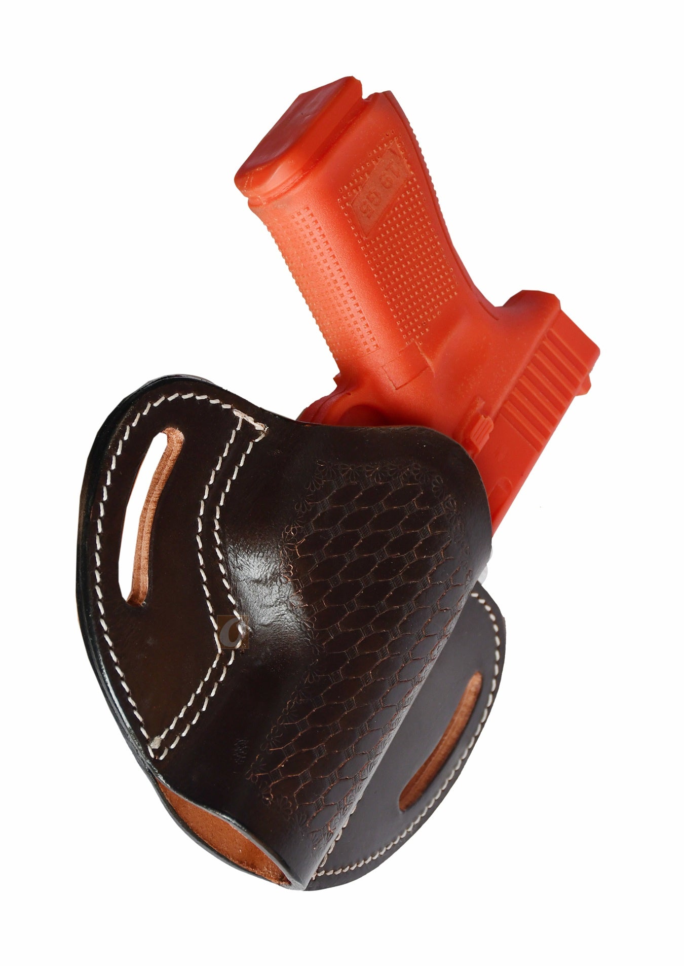This right-handed, basket-tooled brown leather holster is an excellent choice for carrying a Glock, including models 17, 19, 19X, 23, 25, 26, 27, 28, 32, 33, 45, and 48. It is also compatible with a wide range of firearms such as the FN FNS-9, Ruger SR9, Smith & Wesson M&P Series, and more, providing a secure and comfortable carry for various handguns.
