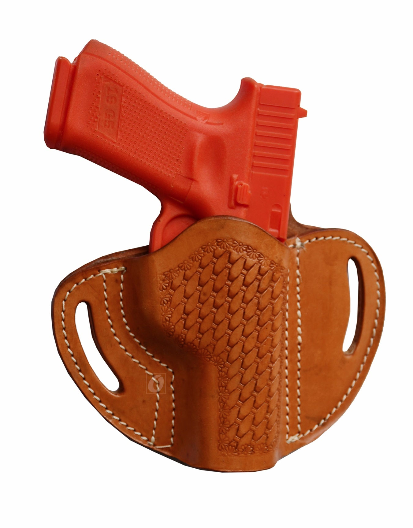 A durable, tan leather holster featuring a stylish basket tooling design, tailored for a variety of firearms. Specifically made to fit Glock models 17, 19, 19X, 23, 25, 26, 27, 28, 32, 33, 45, and 48, it also accommodates FN FNS-9, Ruger SR Series, Smith & Wesson M&P, and many more for secure and comfortable carry.