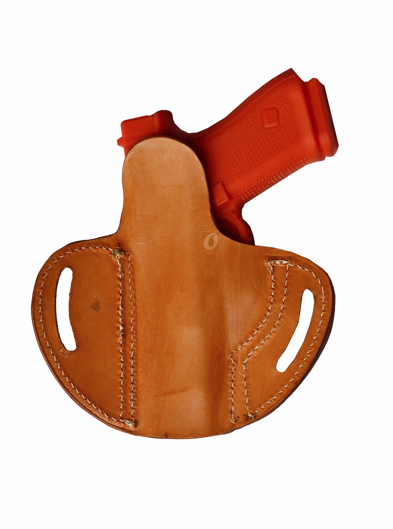 A right-handed tan leather holster with a unique basket tooling pattern, designed to securely fit a wide range of Glock models including 17, 19, 19X, 23, 25, 26, 27, 28, 32, 33, 45, and 48. Compatible with FN FNS-9, Ruger SR Series, Smith & Wesson M&P, and other popular handguns, providing versatility and style.