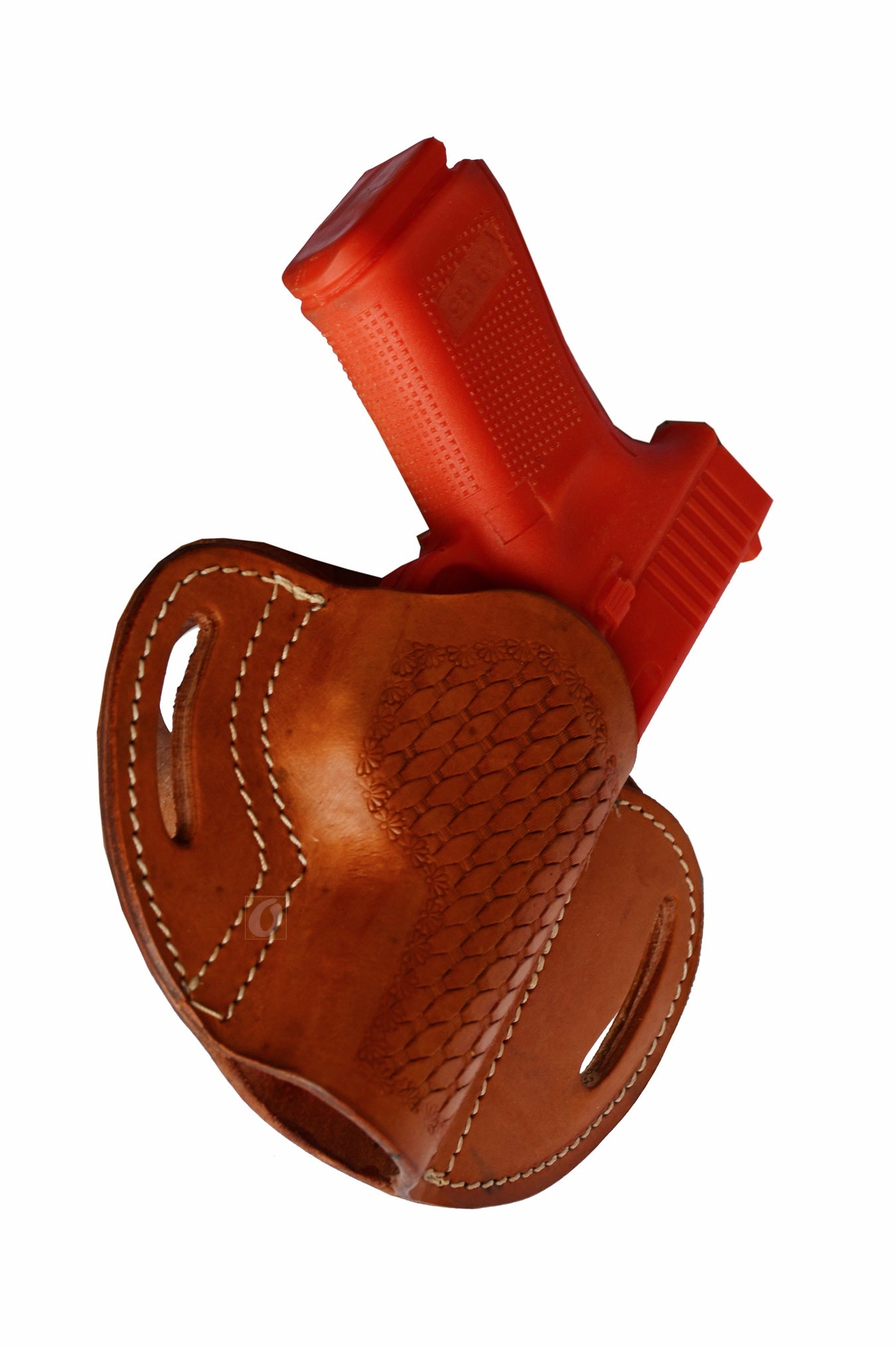 Expertly crafted for versatility, this tan leather holster is designed for Glock models 17, 19, 19X, 23, 25, 26, 27, 28, 32, 33, 45, and 48, along with FN FNS-9, Ruger SR Series, Smith & Wesson M&P, and more. The basket-tooled design ensures a secure and comfortable fit for a variety of firearms, making it a reliable choice for concealed or open carry.