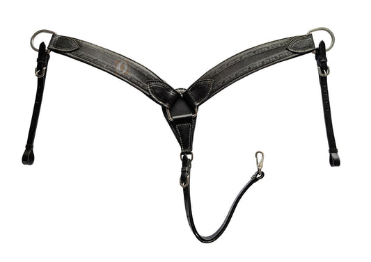 Western Breast Collar Black Tooled Leather Heavy Duty Horse Tack