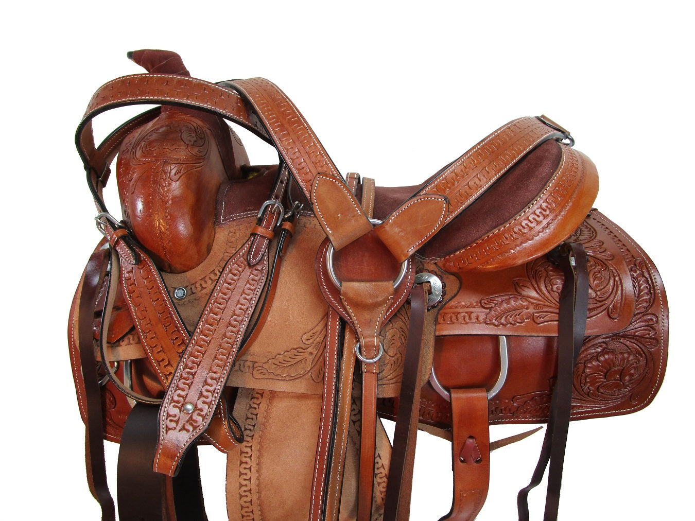 Basket Weave Tooled Trail Pleasure Cowboy Barrel Silla de montar occidental 15 16