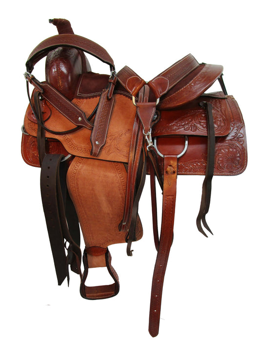 Brown leather saddle with various straps on a white background