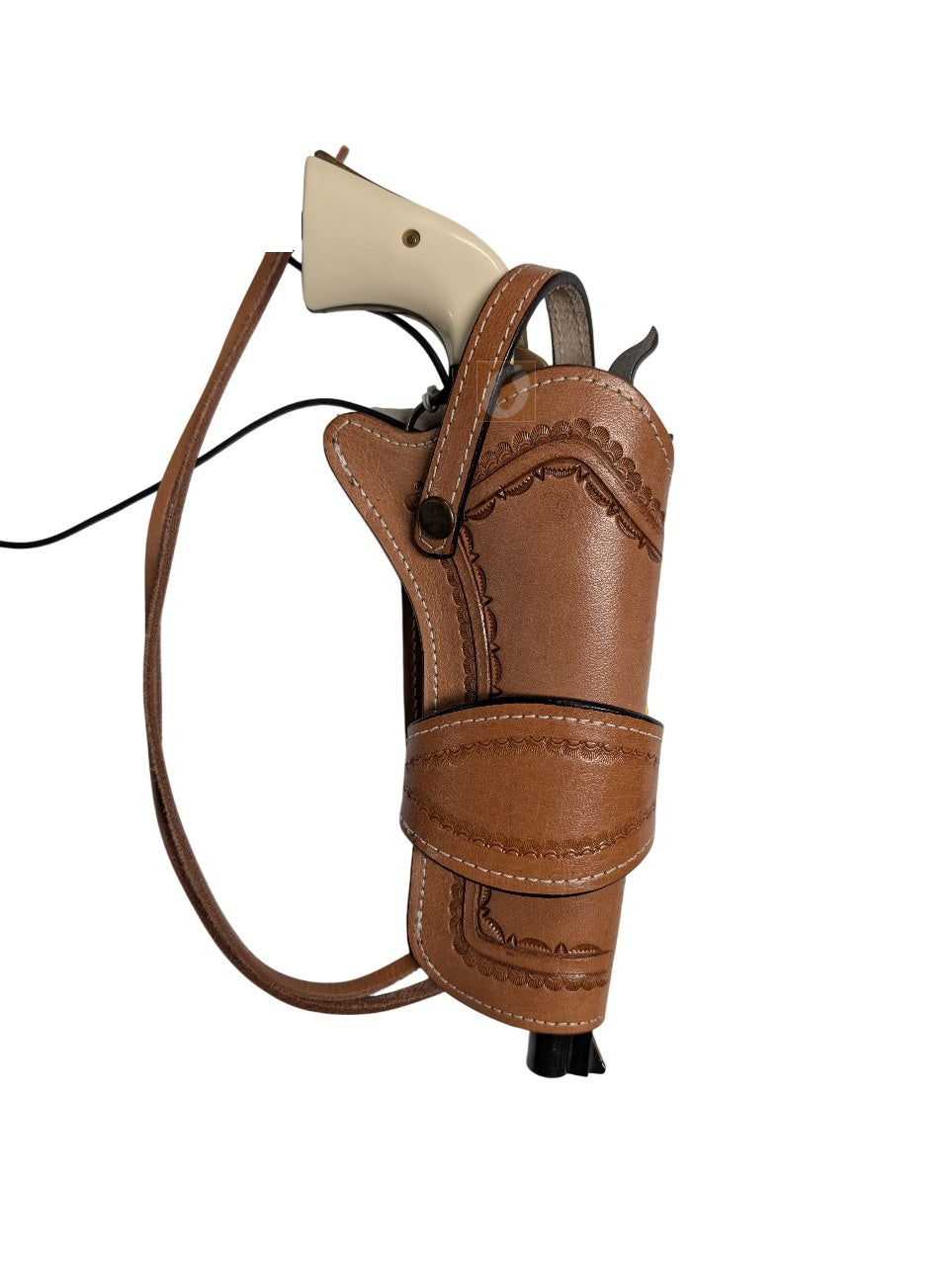 uberti cattleman 357 leather holster front view tan color spikes tooled