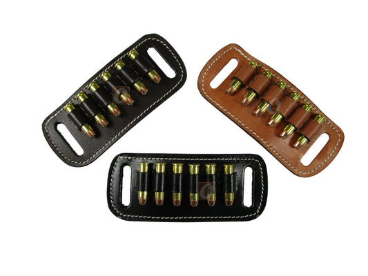 Brown leather belt carrier holding .357 Magnum revolver cartridges