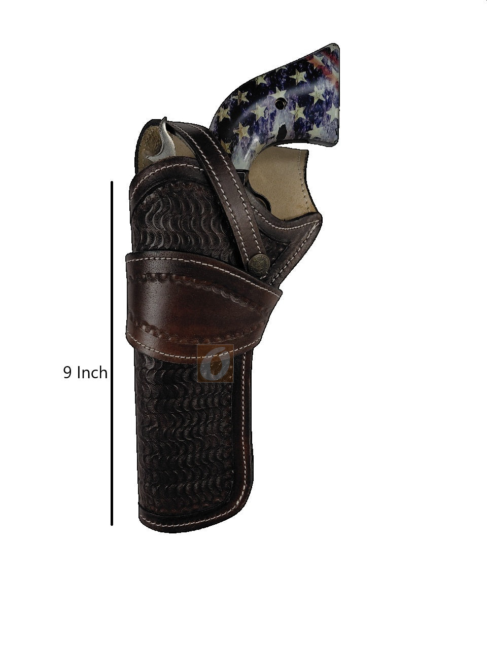 leather holster for heritage rough rider brown color wavy tooled front view left handed