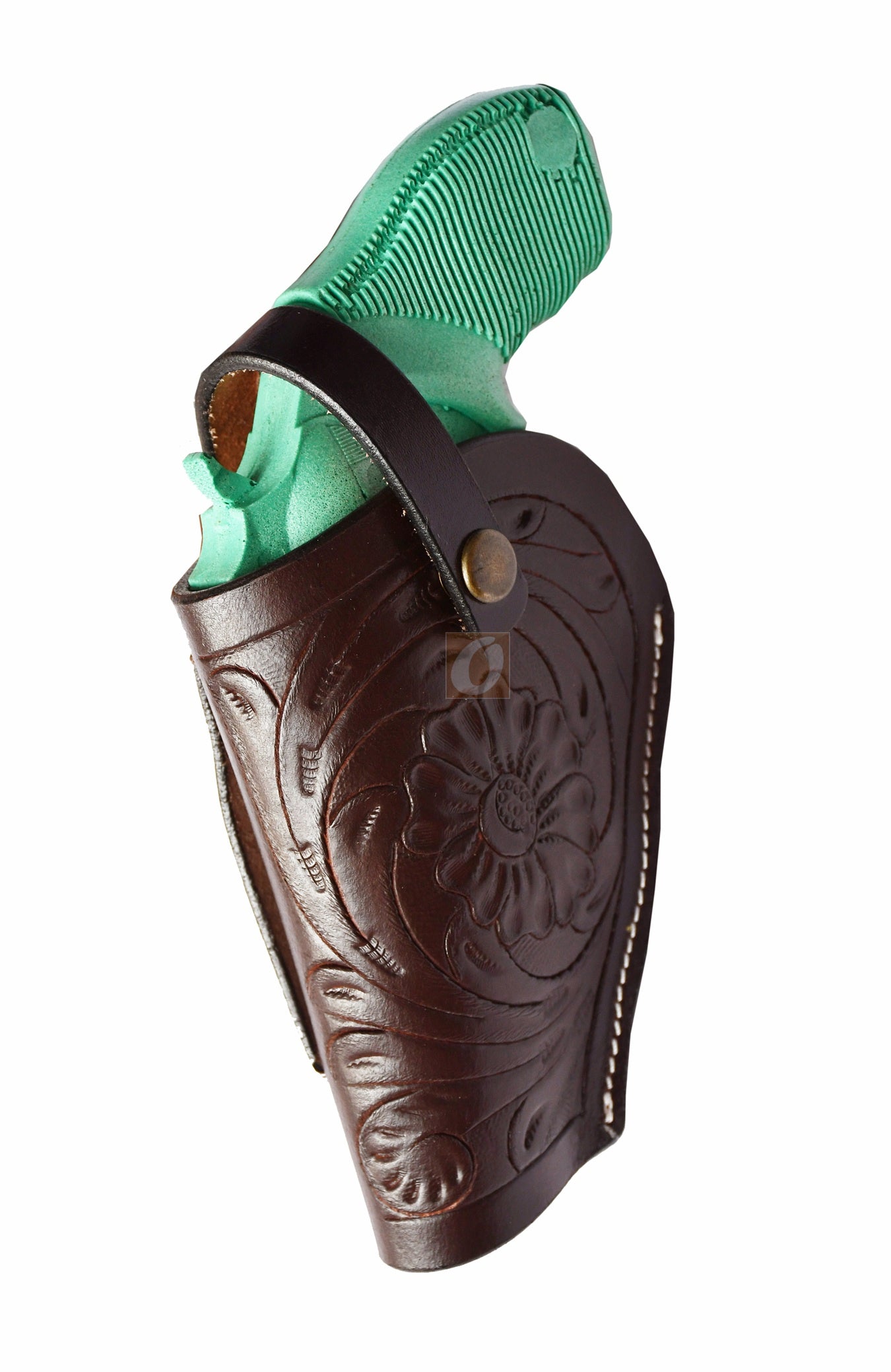 Left-handed brown floral tooled OWB leather holster for Taurus Judge 45/410 Public Defender Poly revolvers – handmade Western 3-way carry design, side angle.