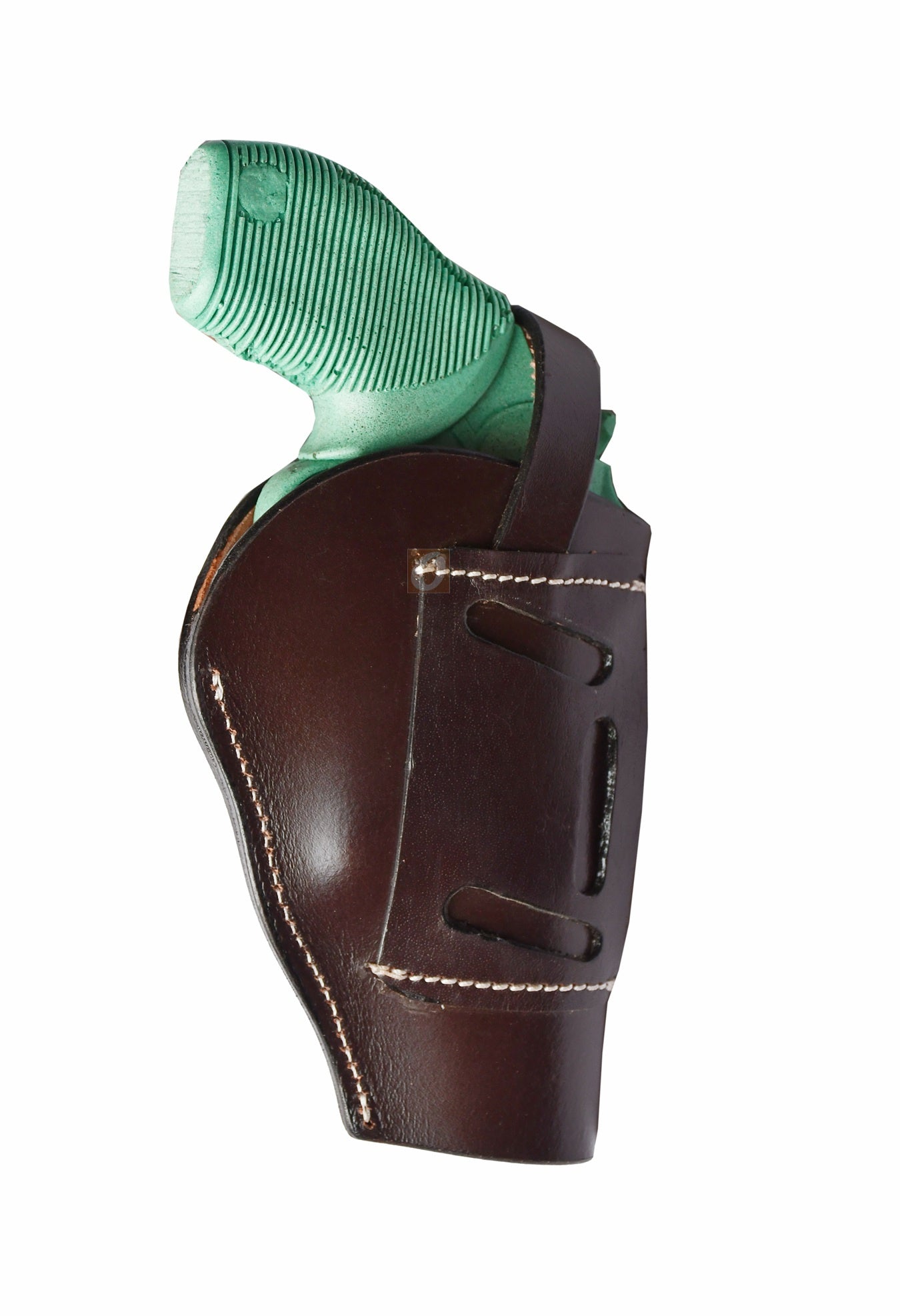 Left-handed brown floral tooled OWB leather holster for Taurus Judge 45/410 Public Defender Poly revolvers – handmade Western 3-way carry design, back angle.